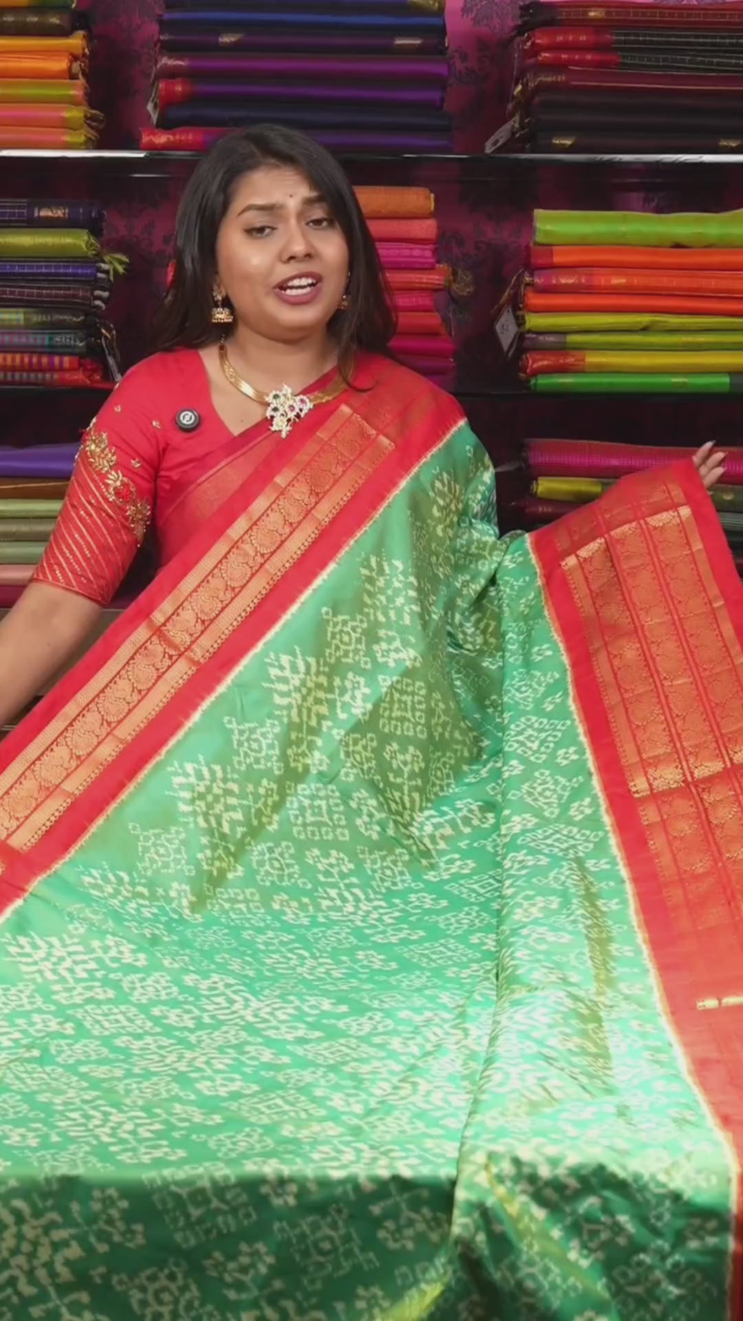 Sea Green With Red Pochampally Silk Saree