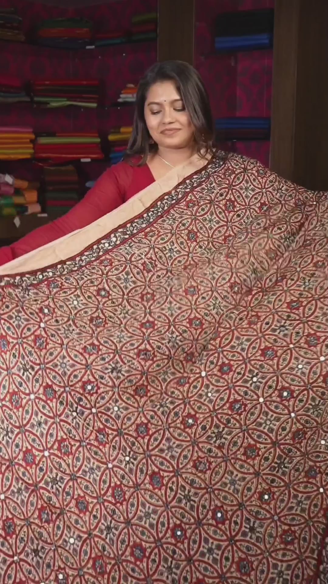 Ivory With Maroon Mirror Work Ajrakh Modal Silk Saree