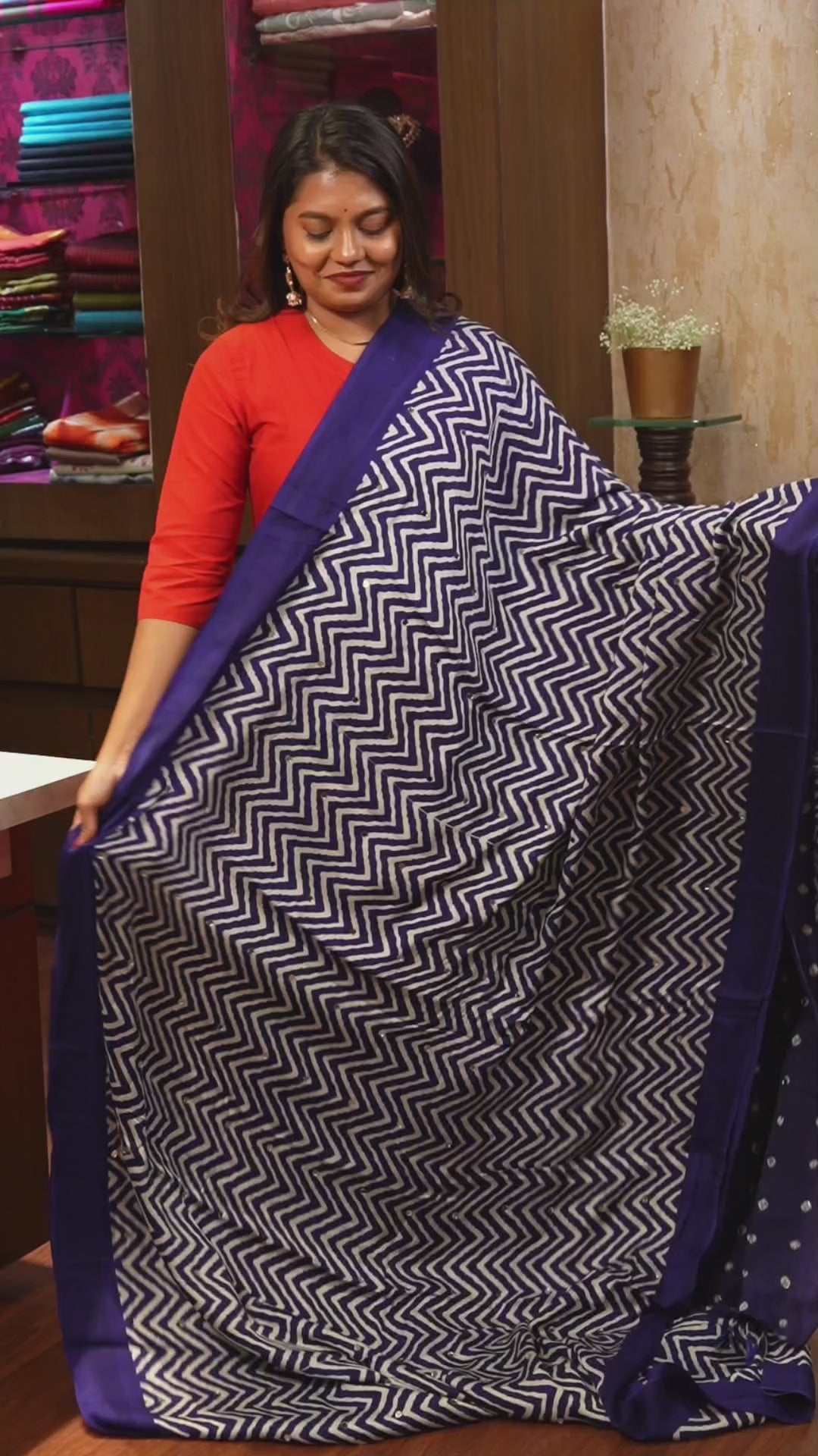 Navy Blue Mirror Work Ajrakh Modal Silk Saree