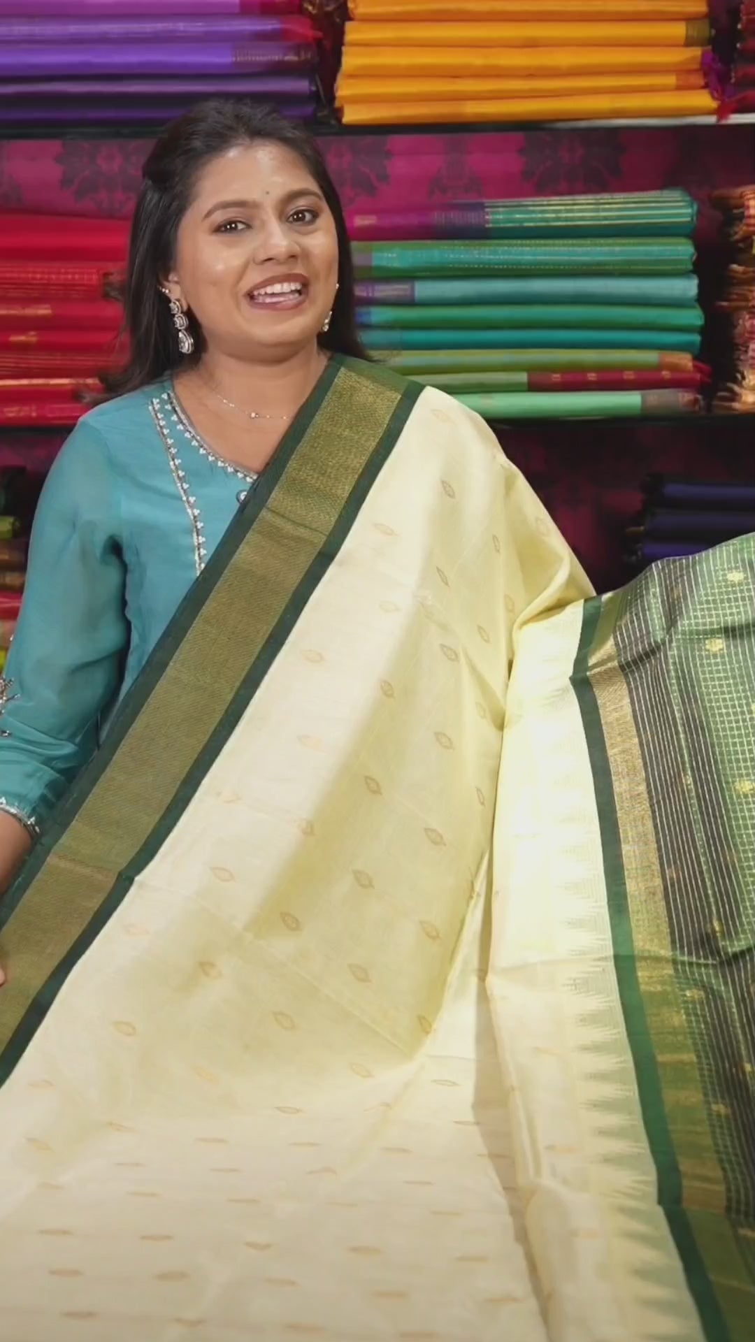 White With Dark Green Pure Kanchi Silk Cotton Saree