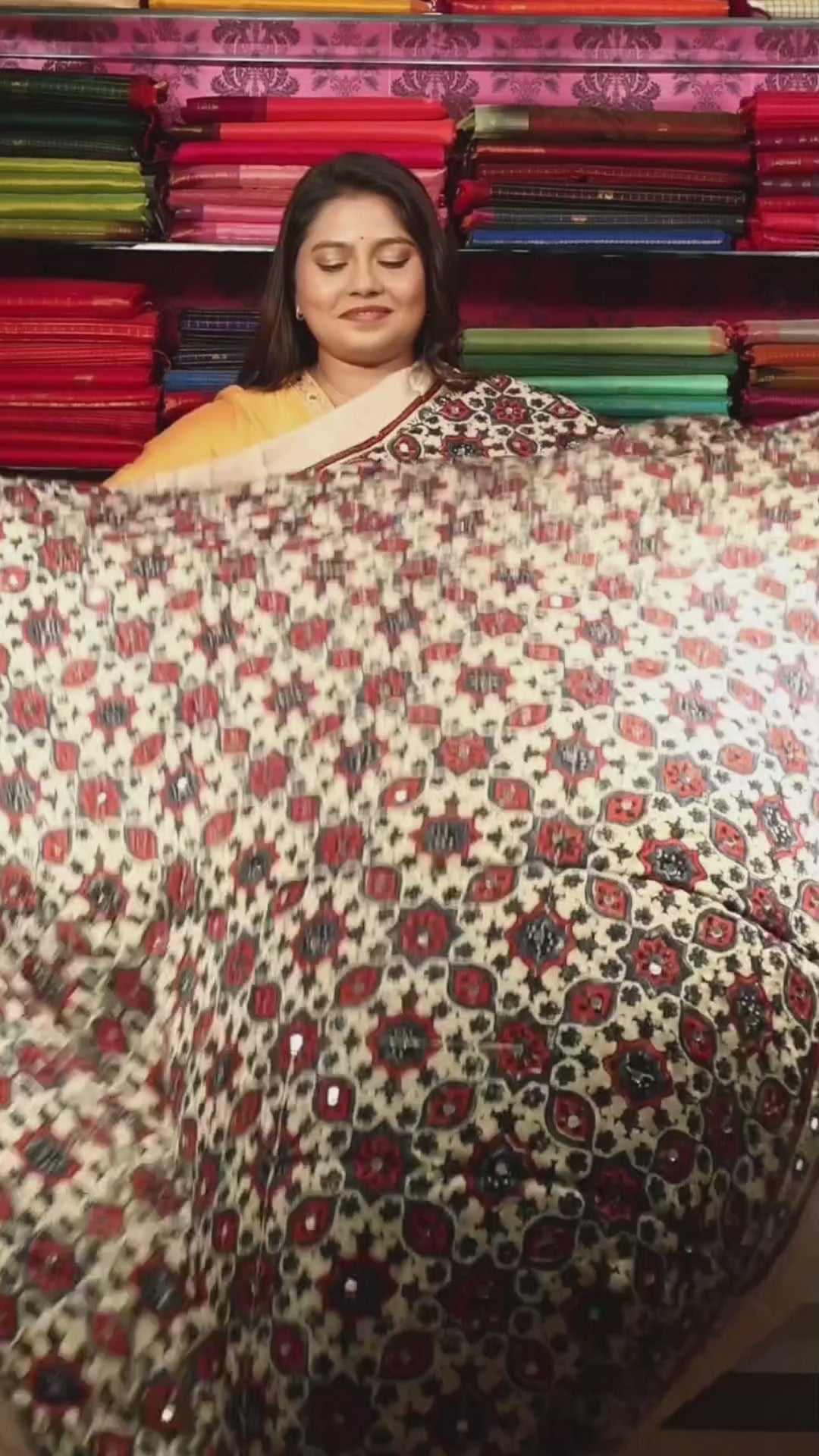 Off White With Brown Mirror Work Ajrakh Modal Silk Saree
