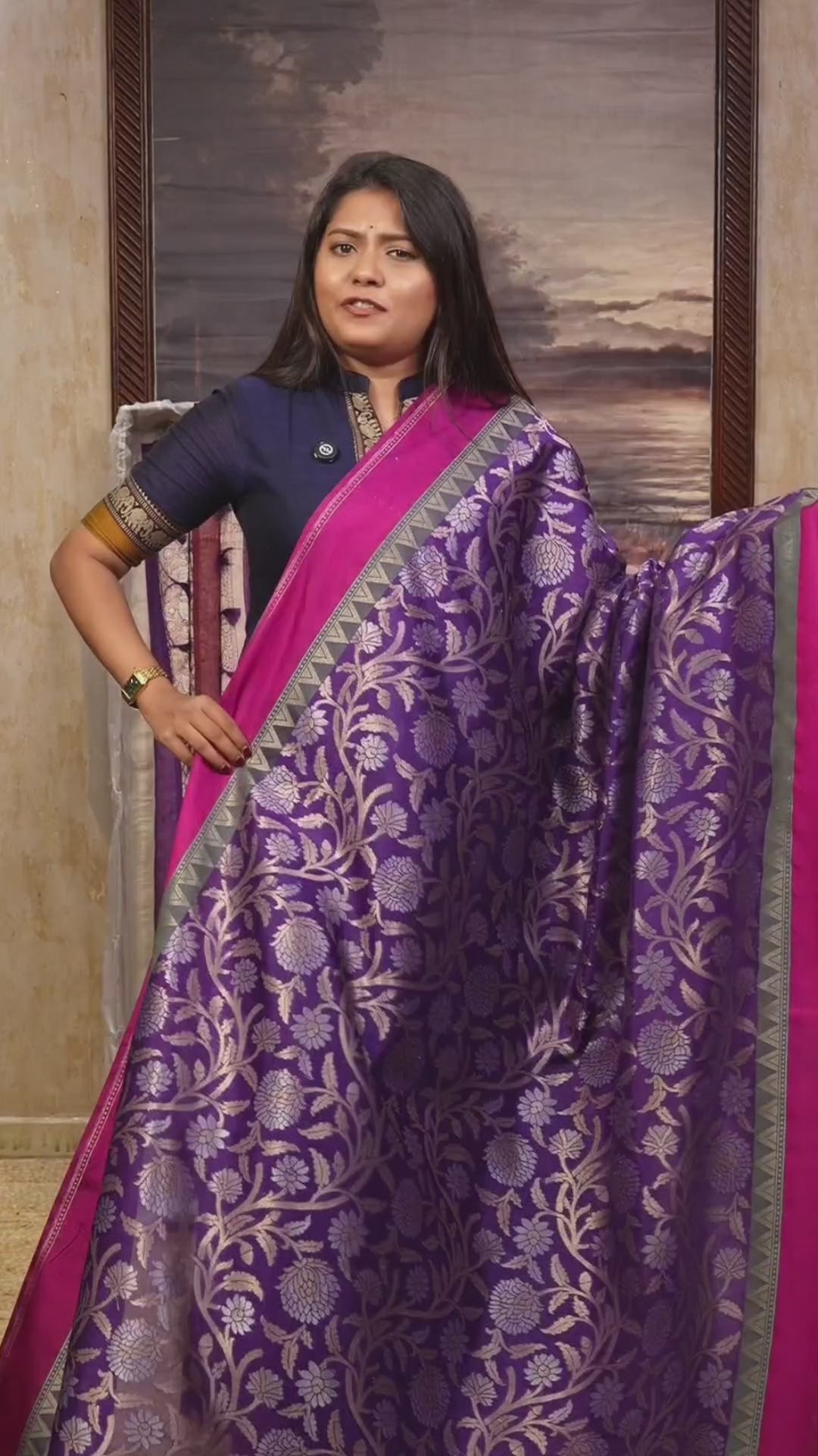 Dark Purple With Magenta Border Banarasi Soft Silk Saree