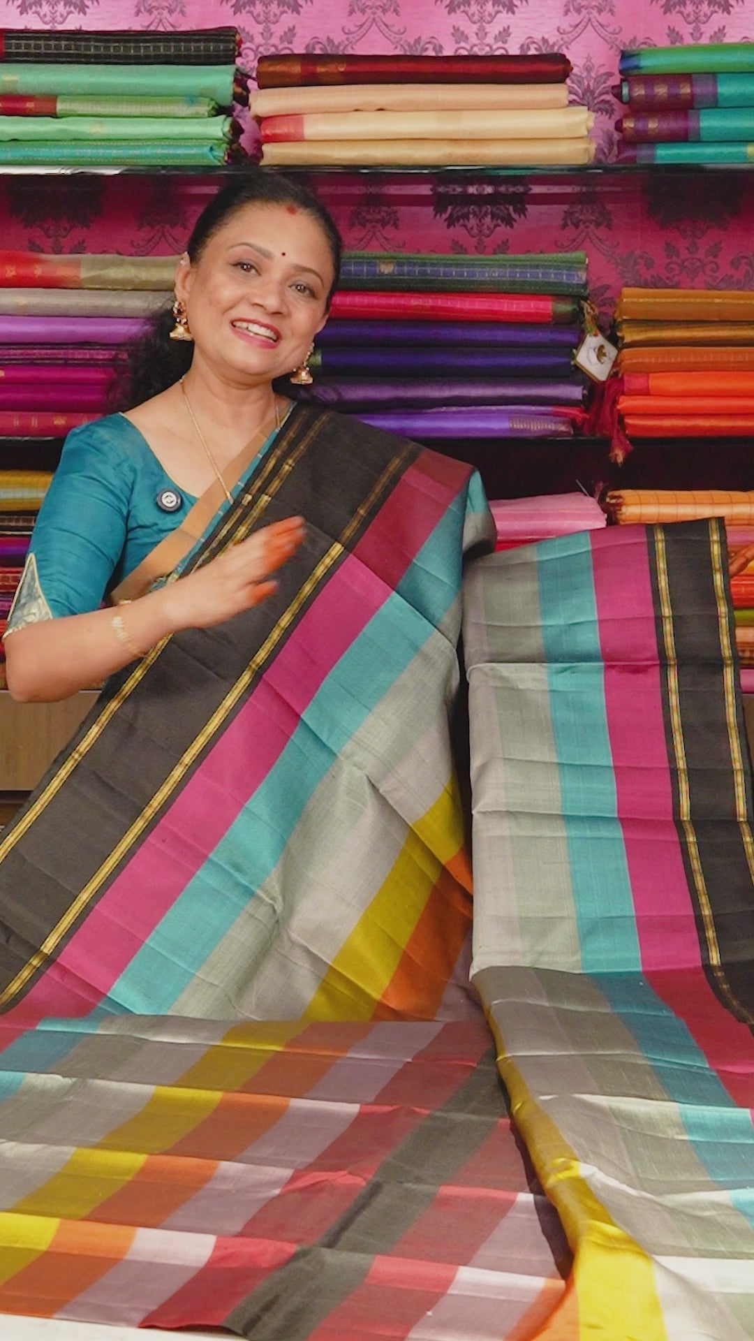 Multi Color With Black Gap Border Pure Kanchivaram Silk Saree