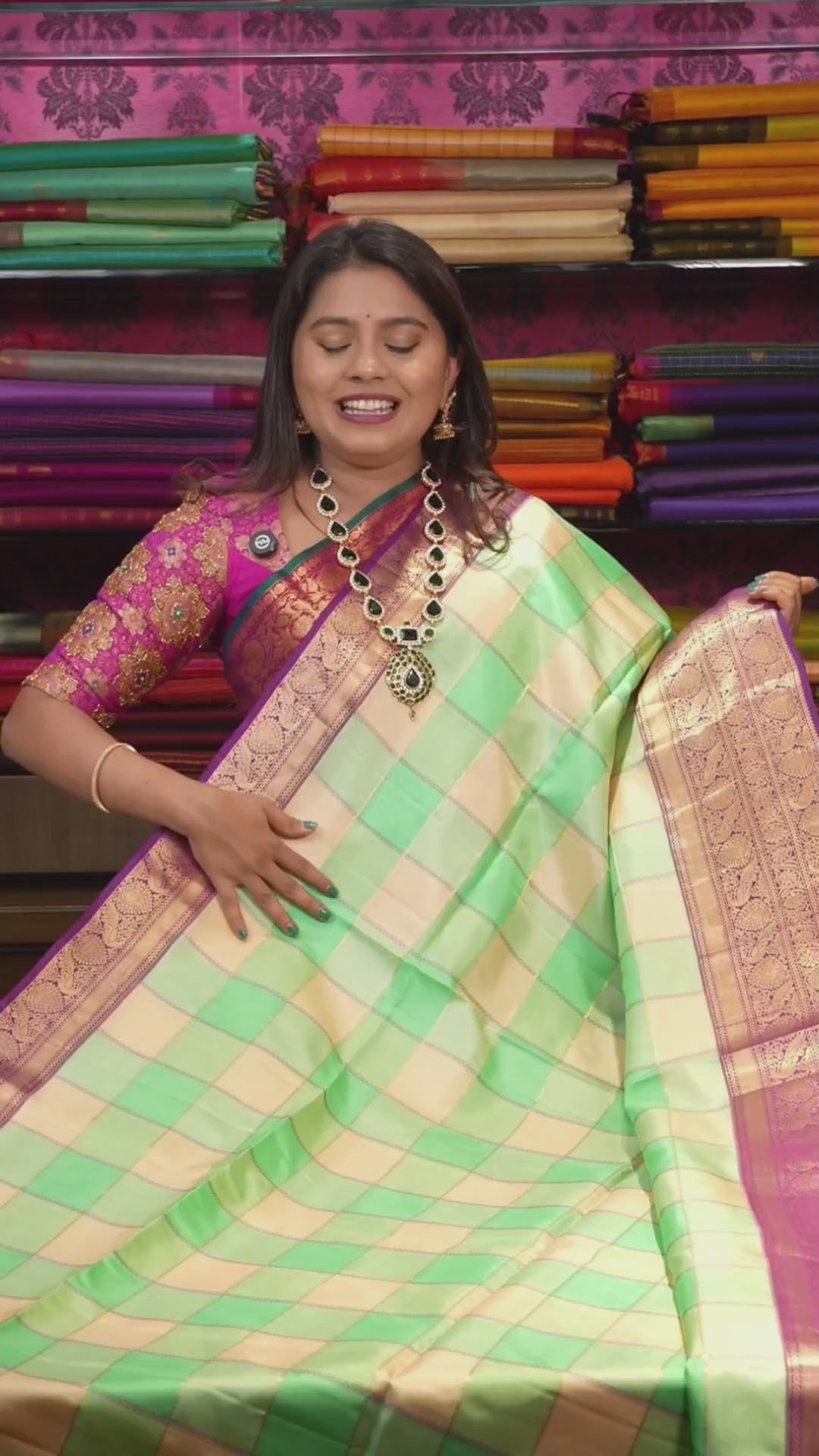 Pastel Green And Ivory Yaanai Kattam With Purple Long And Short Border Pure Soft Silk Saree