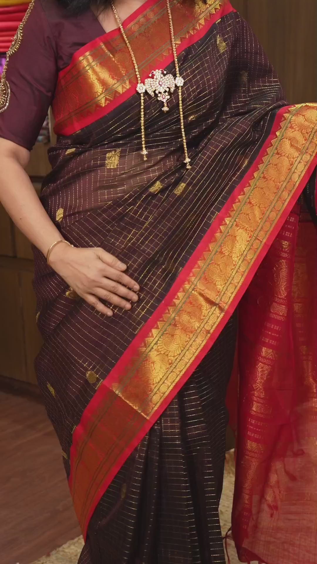 Coffe Powder Brown With Red Pure Silk Cotton Saree