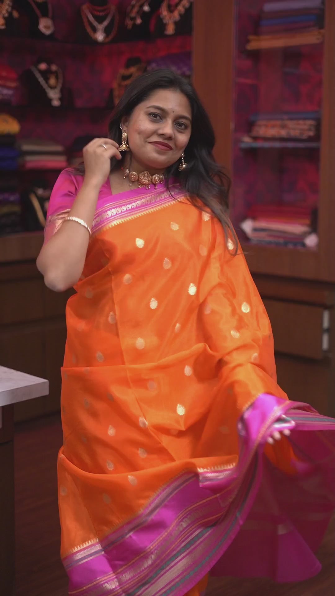 Dark Orange With Pink Semi Banarasi SilK Saree