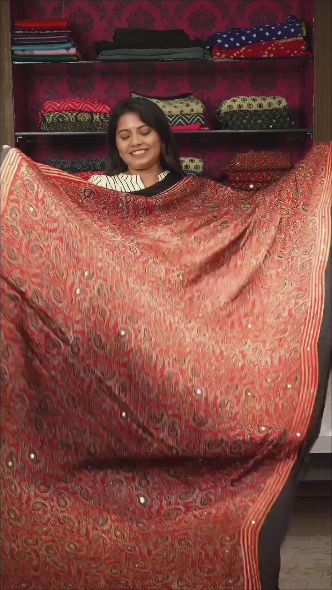 Brick Red Mirror work Ajrakh Modal Silk Saree