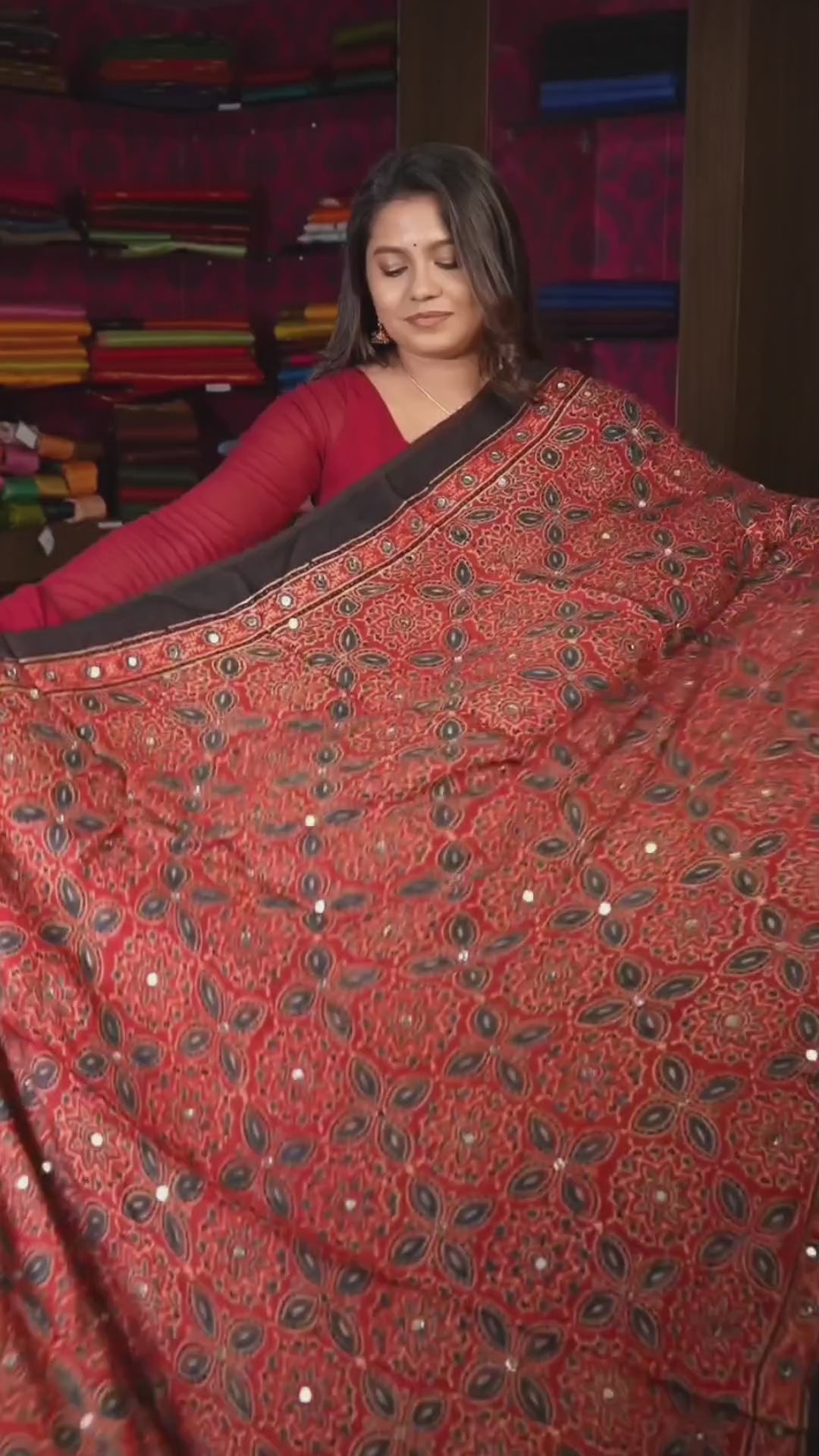 Red Brown Mirror Work Ajrakh Modal Silk Saree