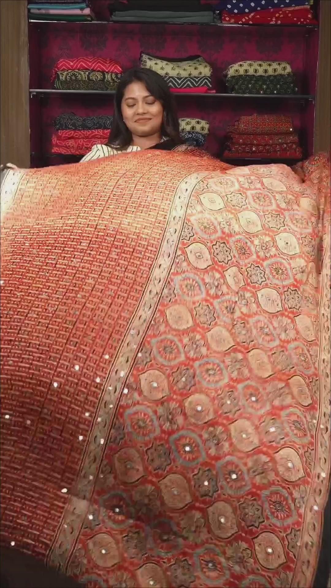 Rust Orange Mirror Work Ajrakh Modal Silk Saree