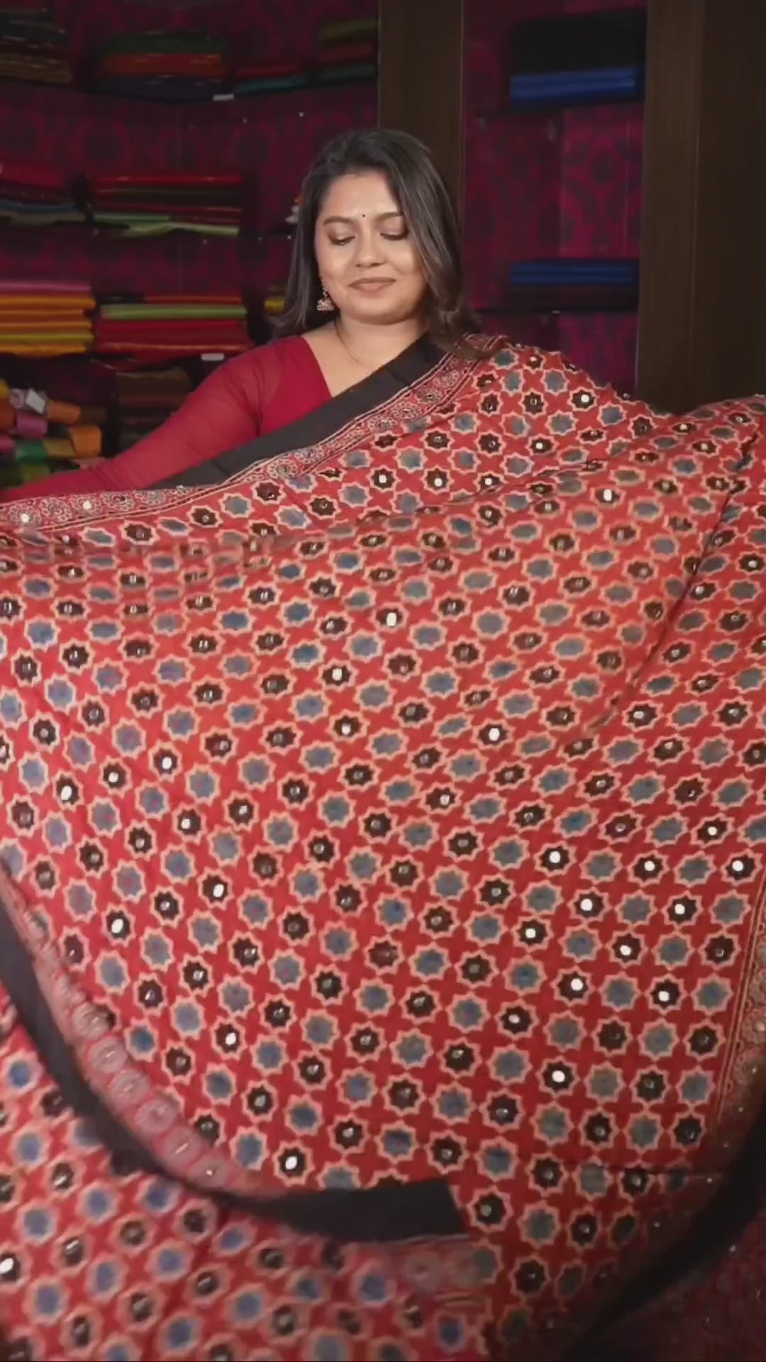 Red Mirror Work Ajrakh Modal Silk Saree