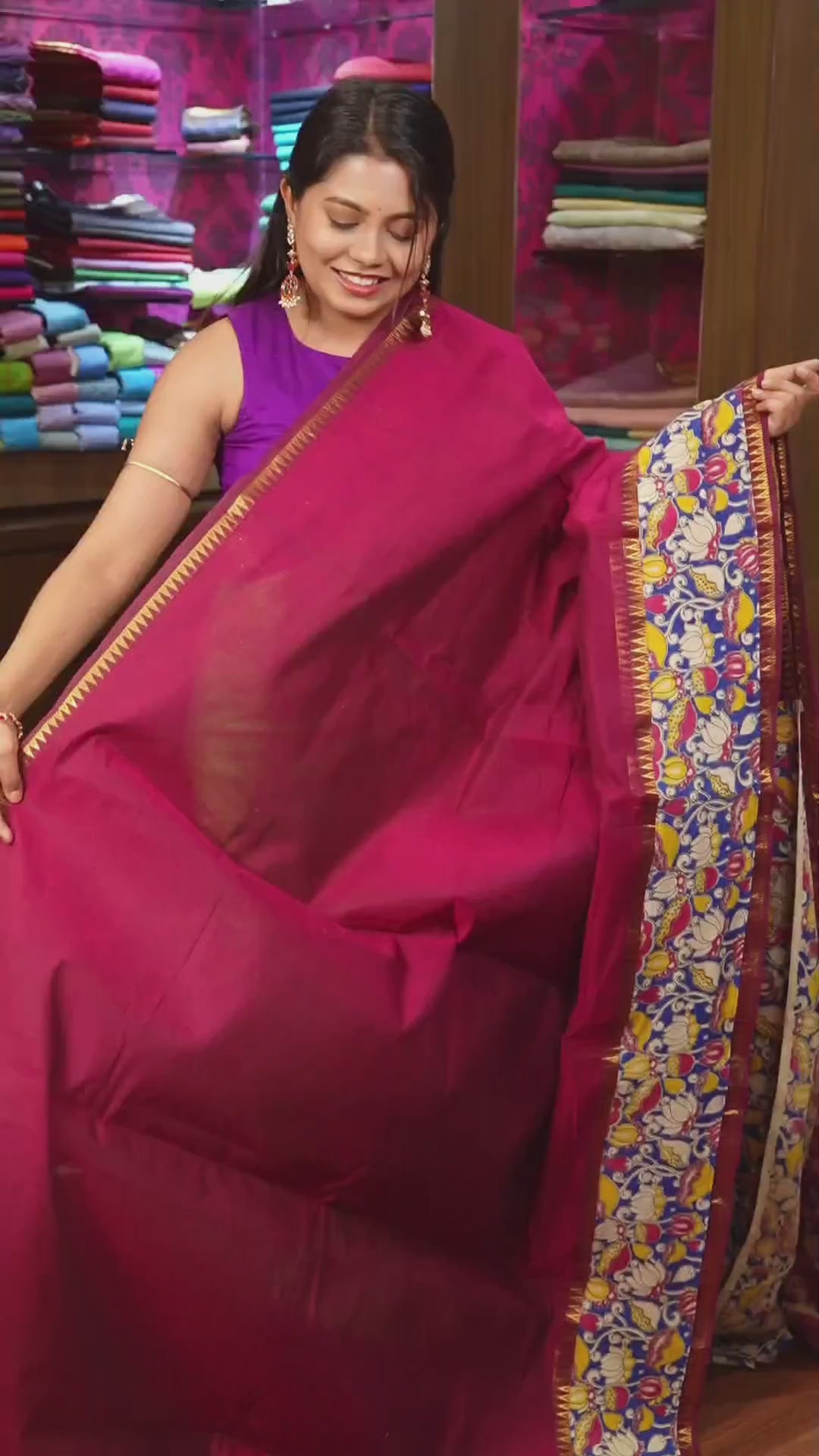 Purple Pink With Kalamkari Border Mangalgiri Cotton Saree