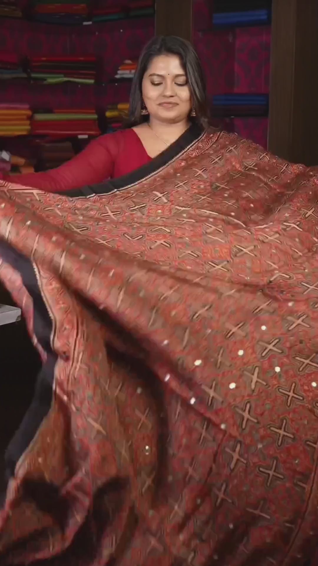 Maroon Mirror Work Ajrakh Modal Silk Saree