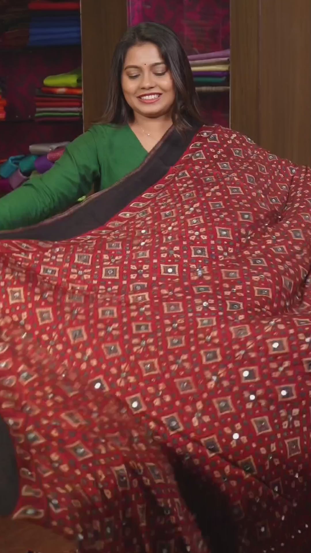 Sridevi Maroon Ajrakh Mirror Work Modal Silk Saree