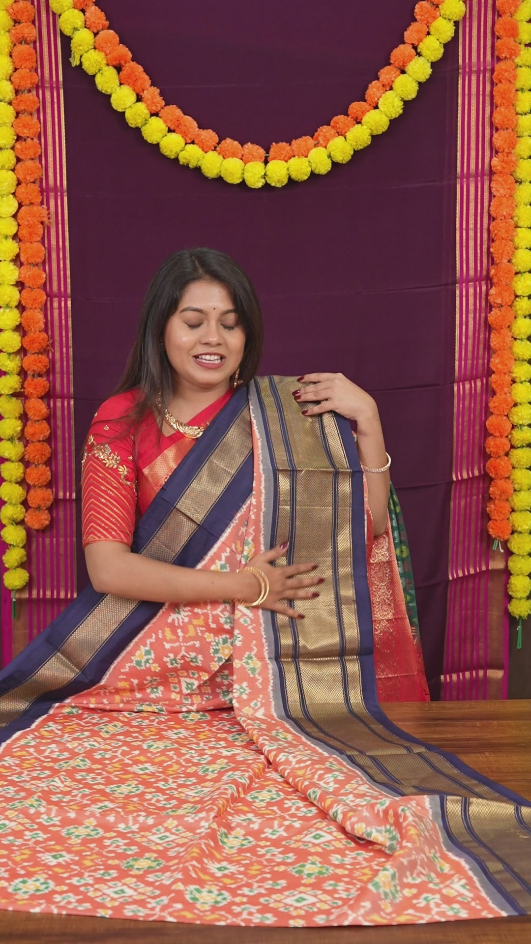 Peach With Navy Blue Pochampally Silk Saree