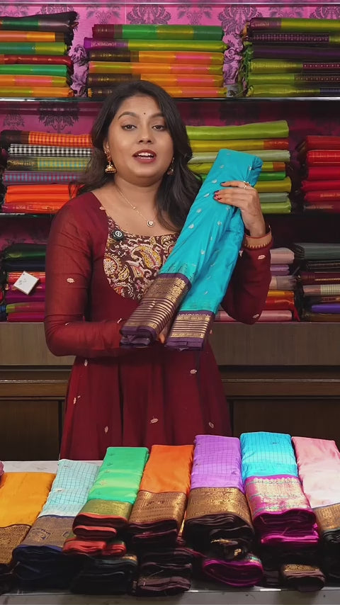 Rama Blue With Brown Semi Gadwal Silk Saree