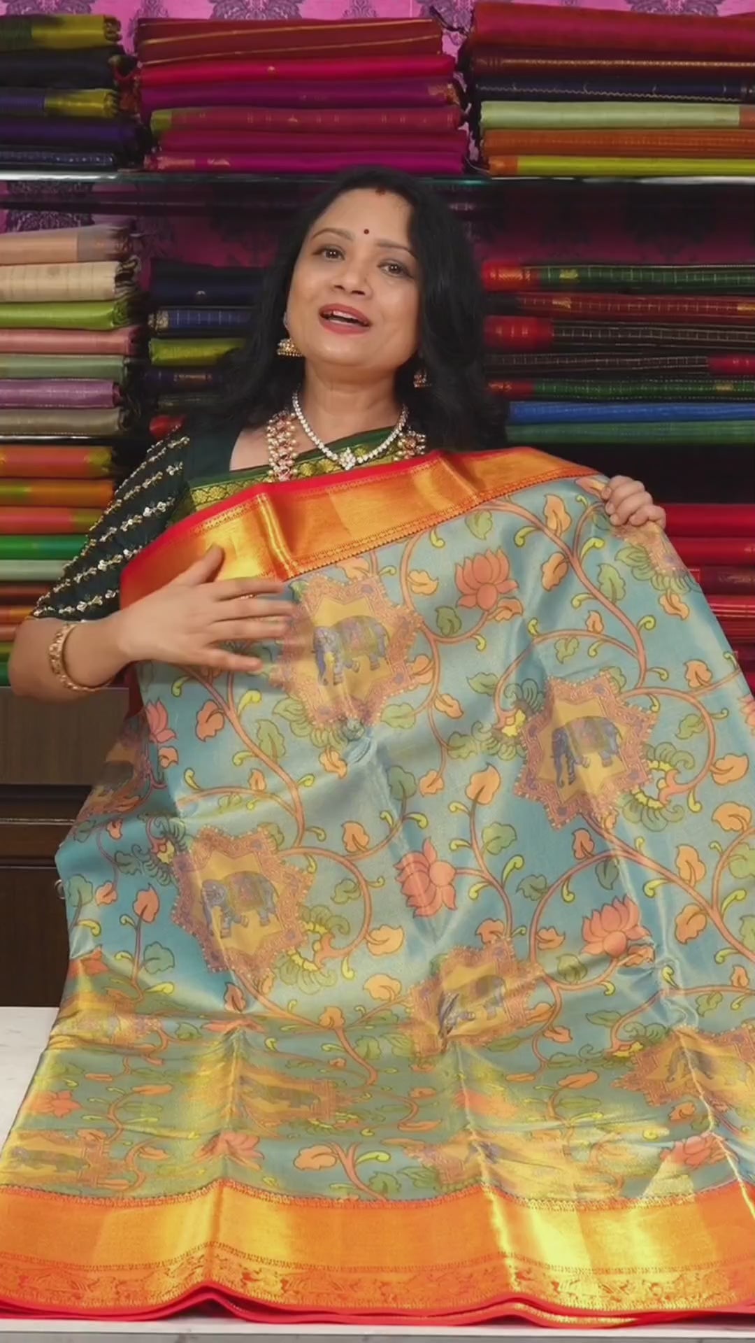 Blue Kalamkari Print With Red Long And Short Border Pure Kanchivaram Silk Saree