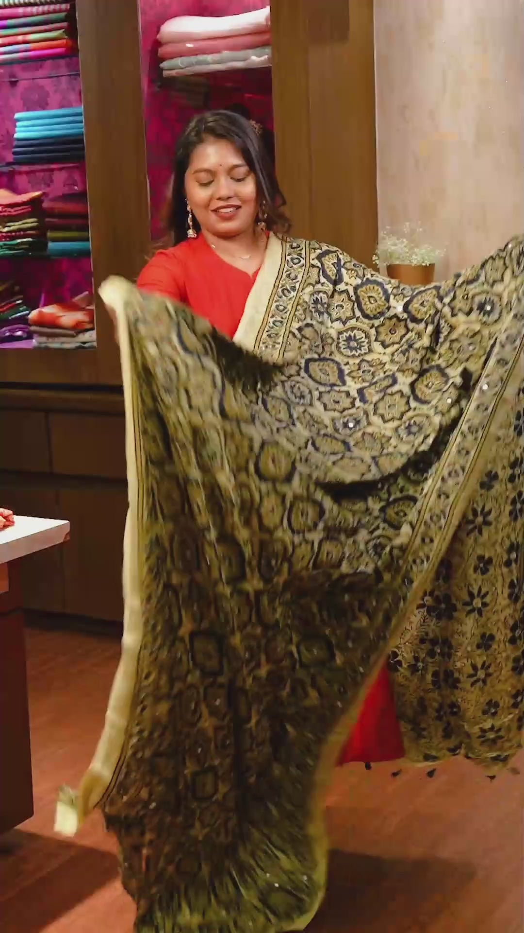 White With Green  Mirror Work Ajrakh Modal Silk Saree