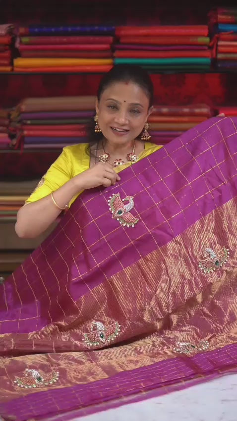 Purple Maya Pakshi Designer Pure Chanderi Silk Saree