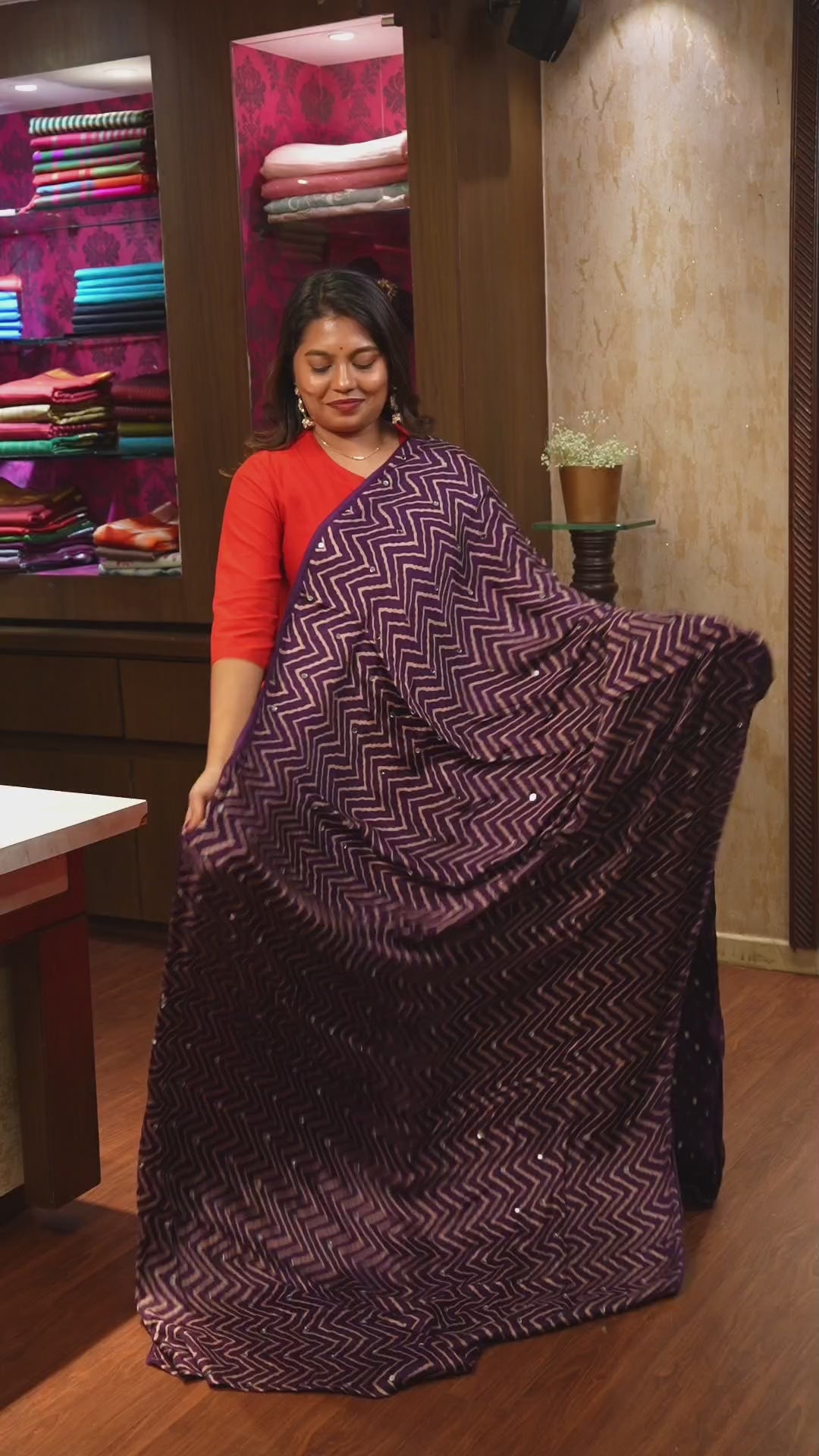 Purple Mirror Work Ajrakh Modal Silk Saree
