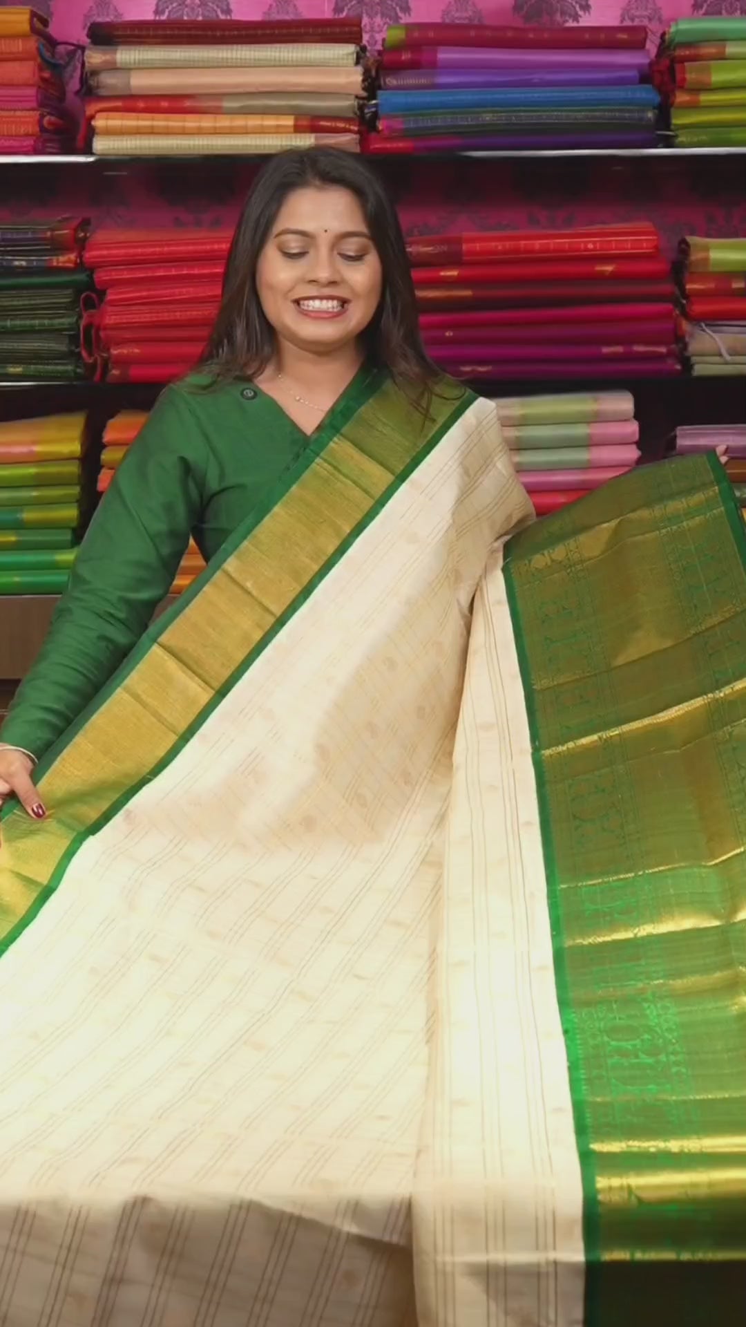 White Kattam Butta With Green Pure Silk Cotton Saree