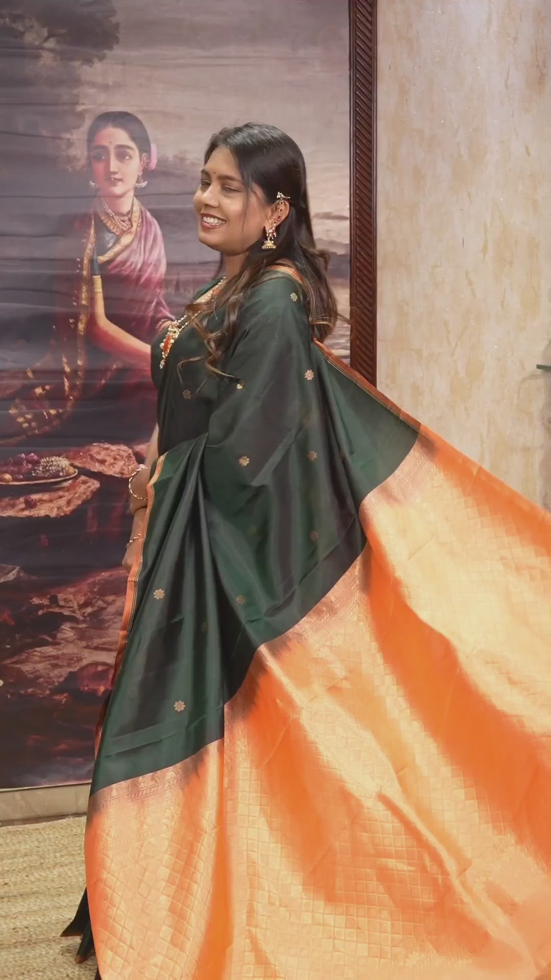 Bottle Green With Coral Peach Pure Kanchivaram Silk Saree