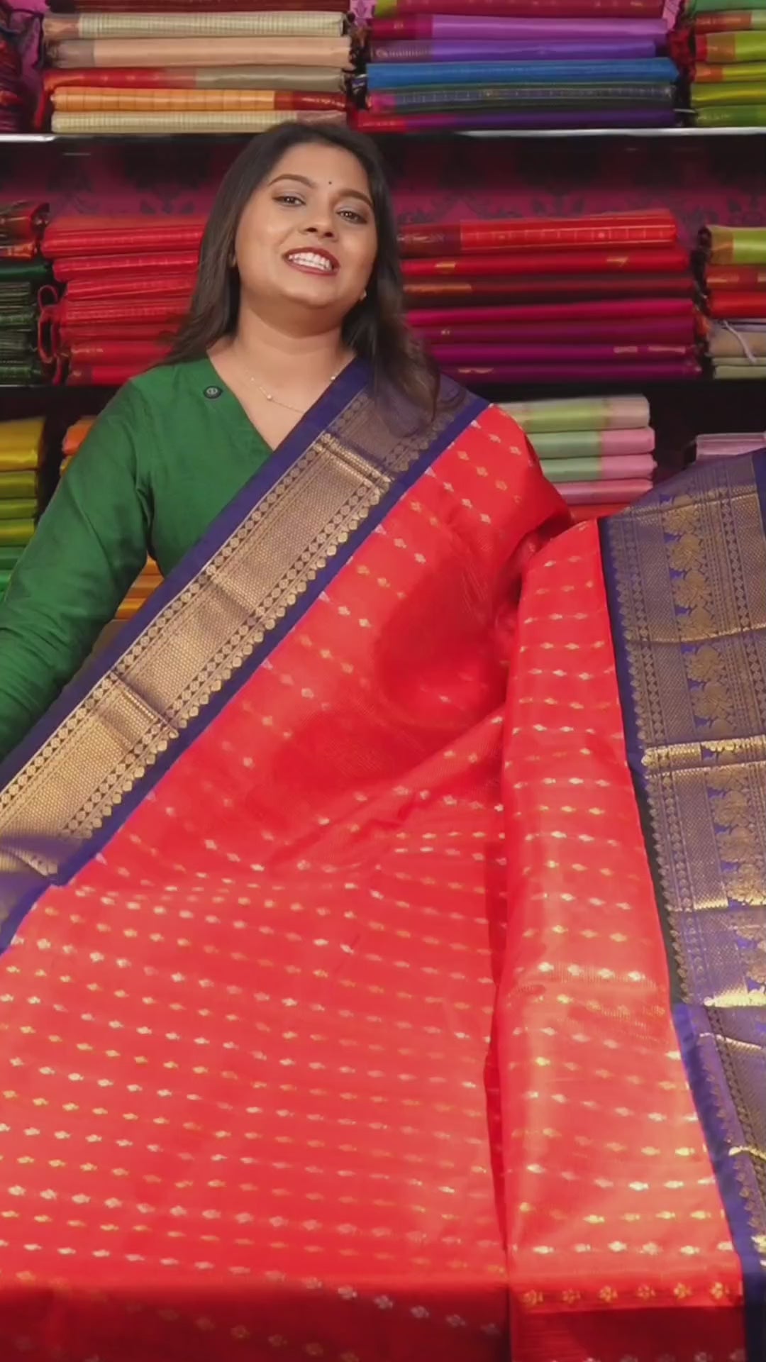 Tomato Red With Navy Blue Pure Silk Cotton Saree