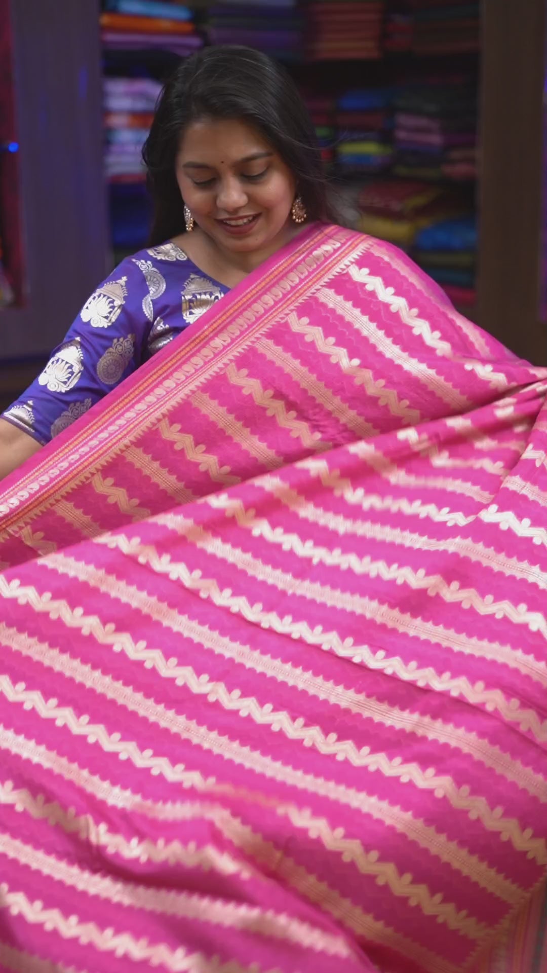 Hot Pink Semi Banarasi Silk Saree
