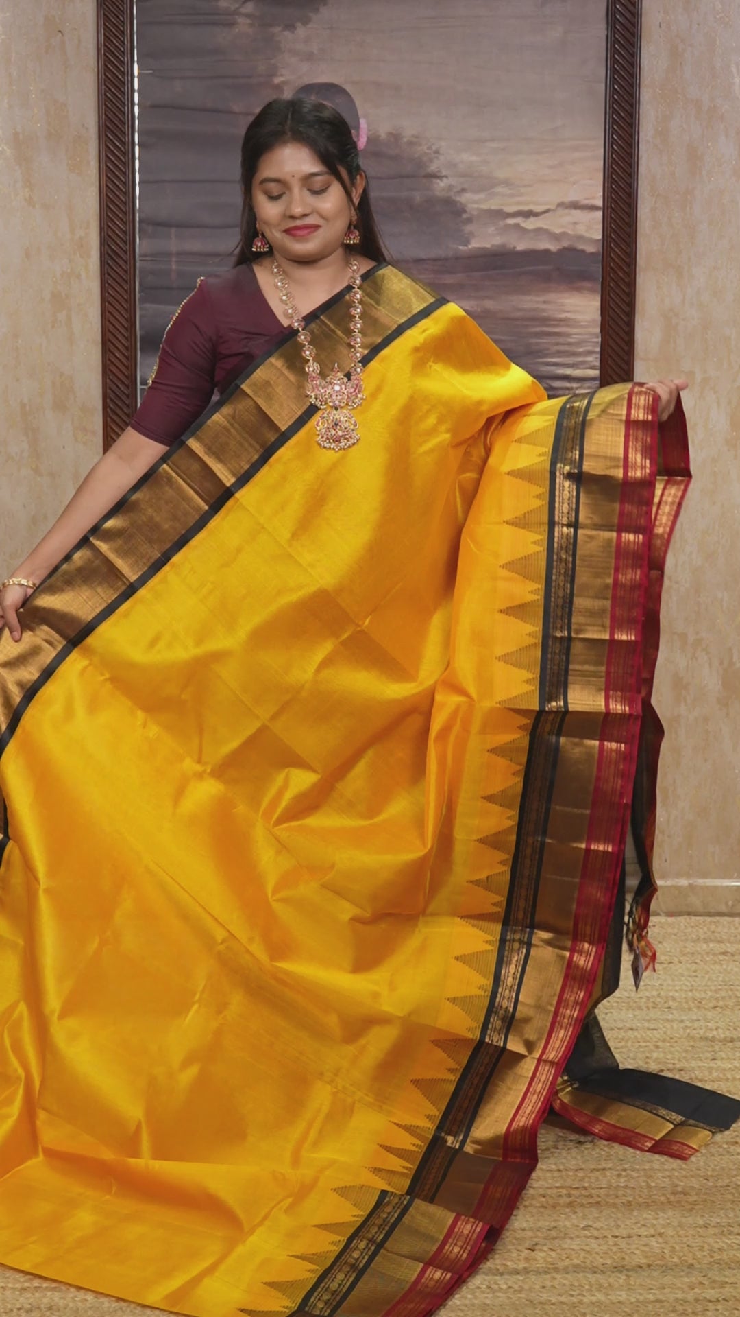 Mango Yellow With Black And Maroon Border Pure Kanchi Silk Cotton Saree
