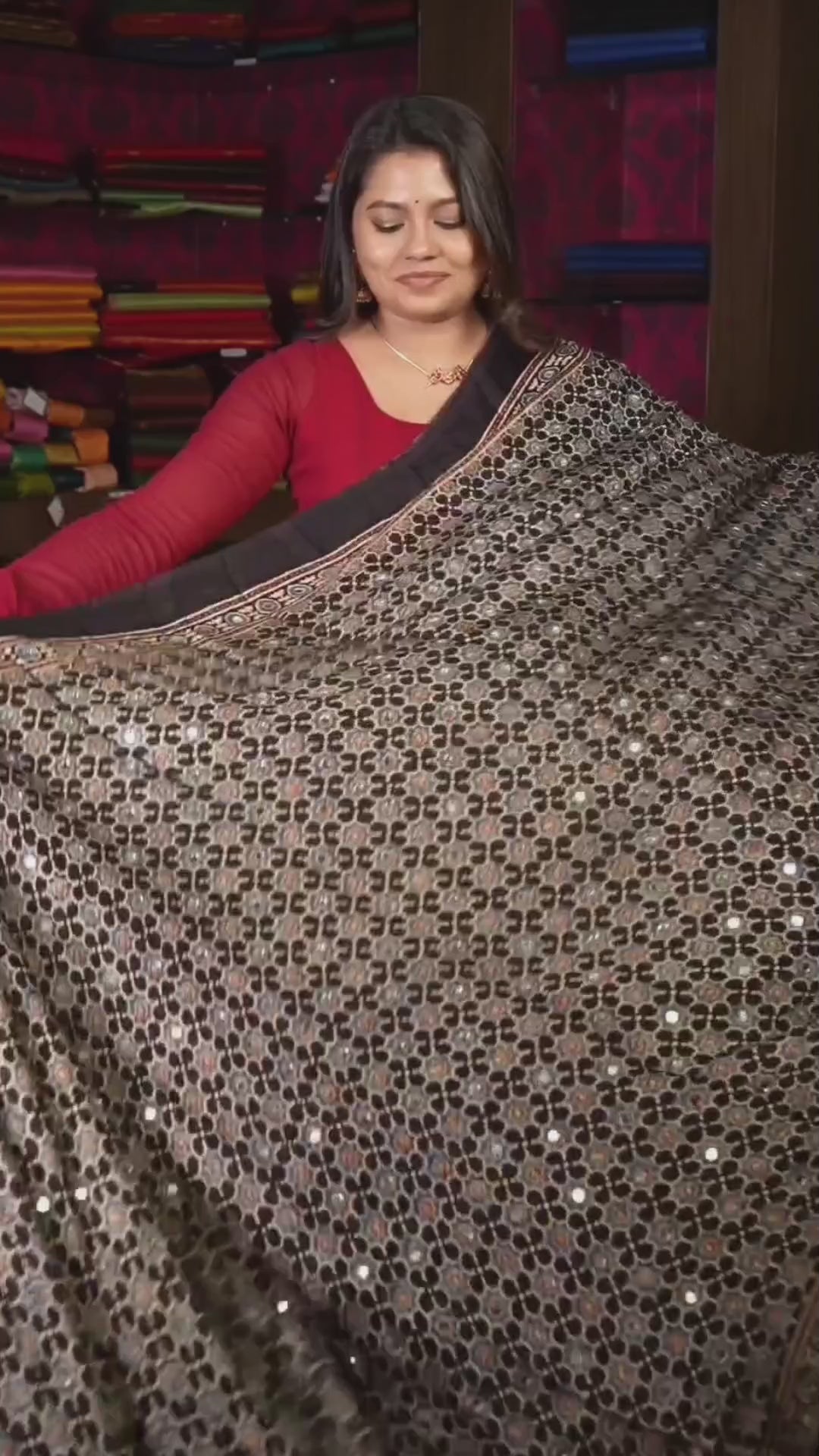 Black Mirror Work Ajrakh Modal Silk Saree