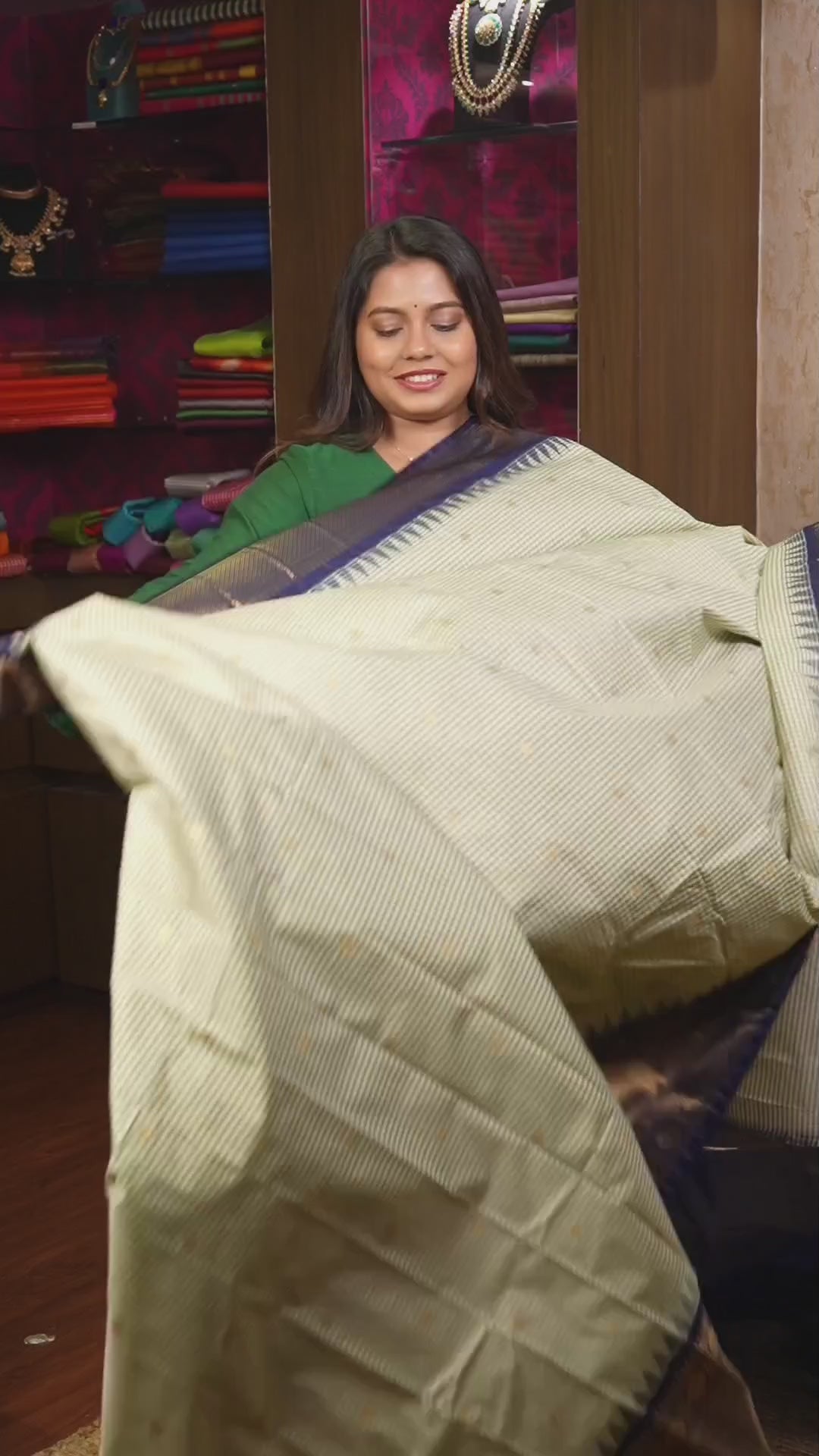 White With Green With Navy Blue Semi Gadwal Silk Saree