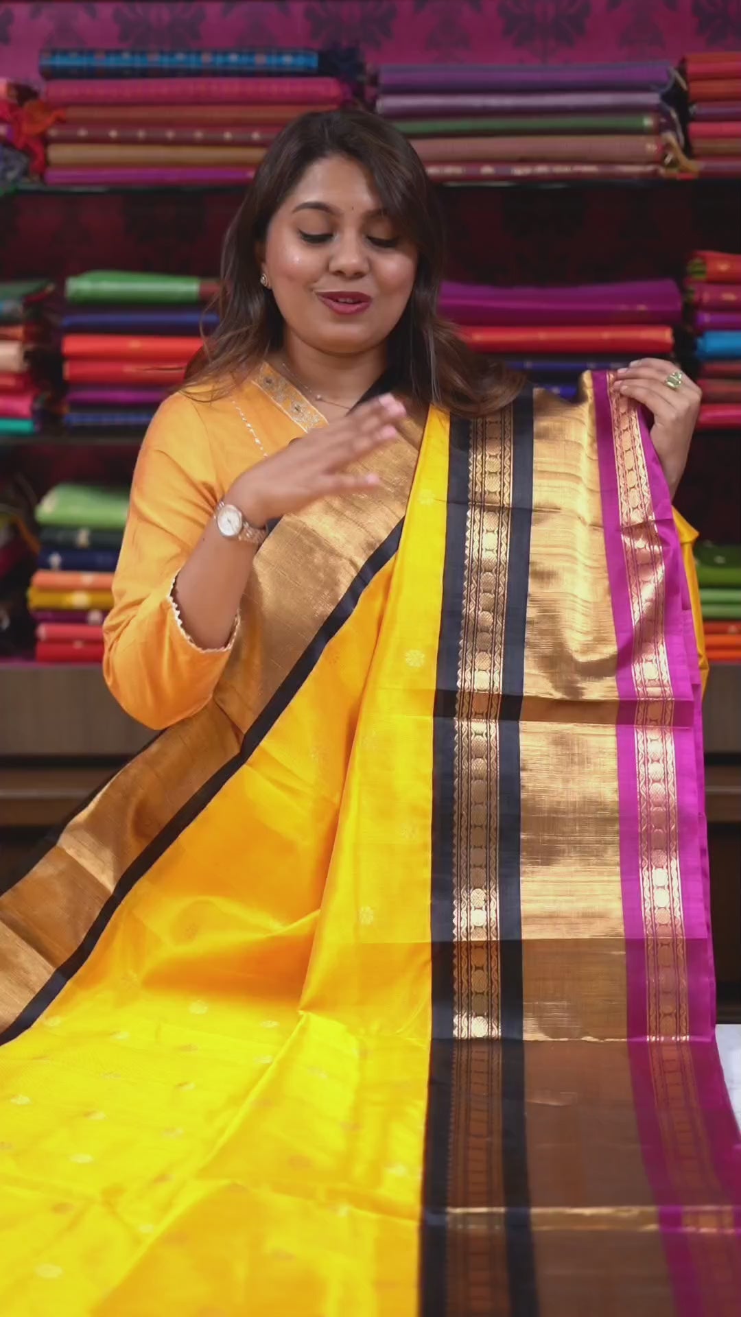 Mango Yellow With Rani Pink And Black Border Pure Kanchi Silk Cotton Saree