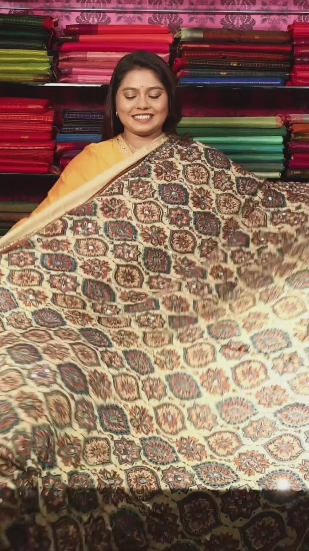 White  Mirror Work Ajrakh Modal Silk Saree