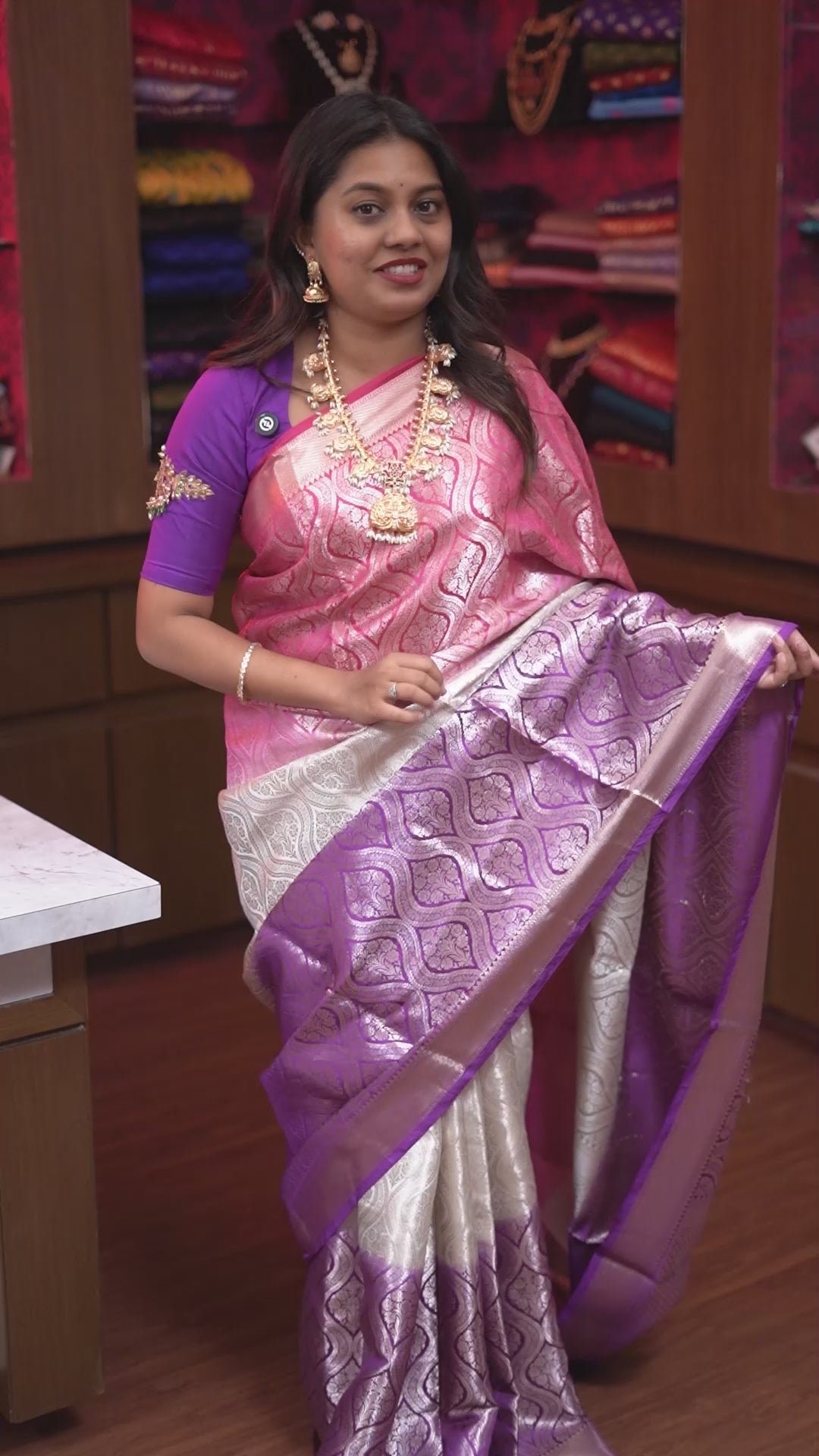Ivory With Purple Banarasi Silk Saree