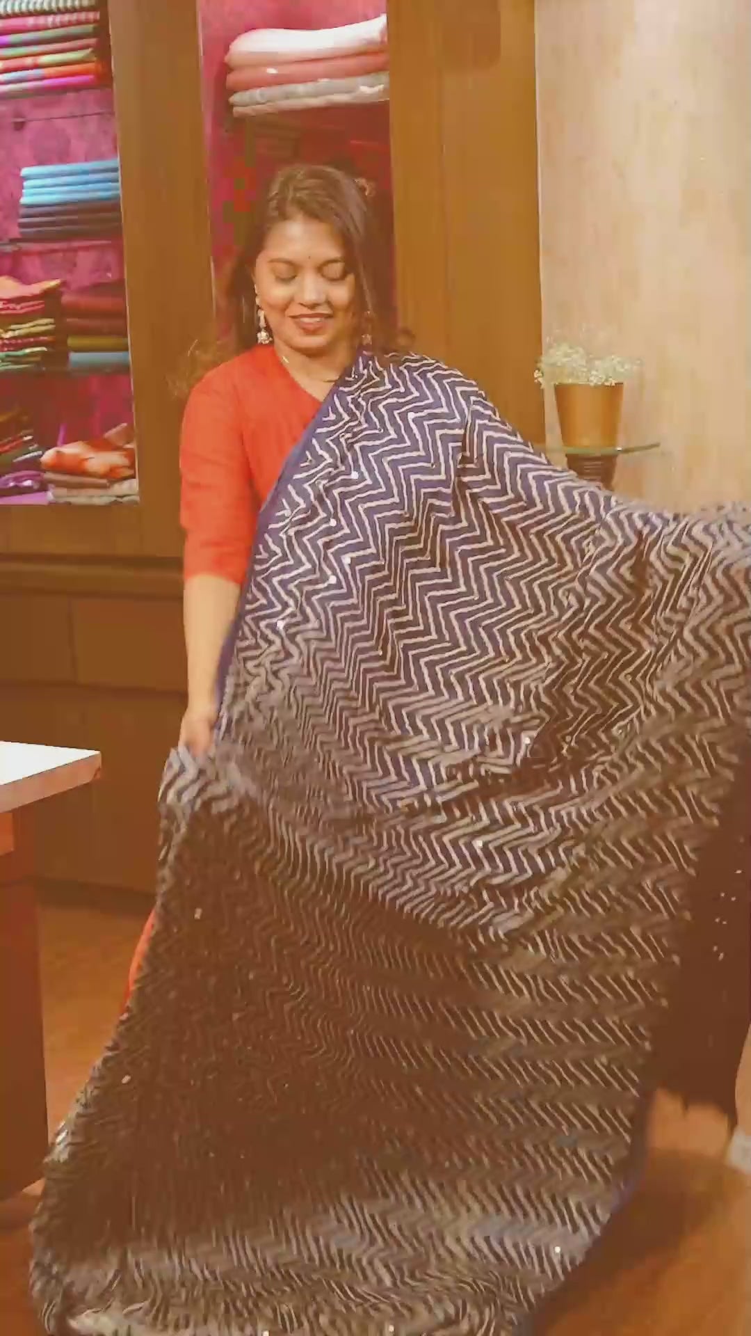 Blue Mirror Work Ajrakh Modal Silk Saree