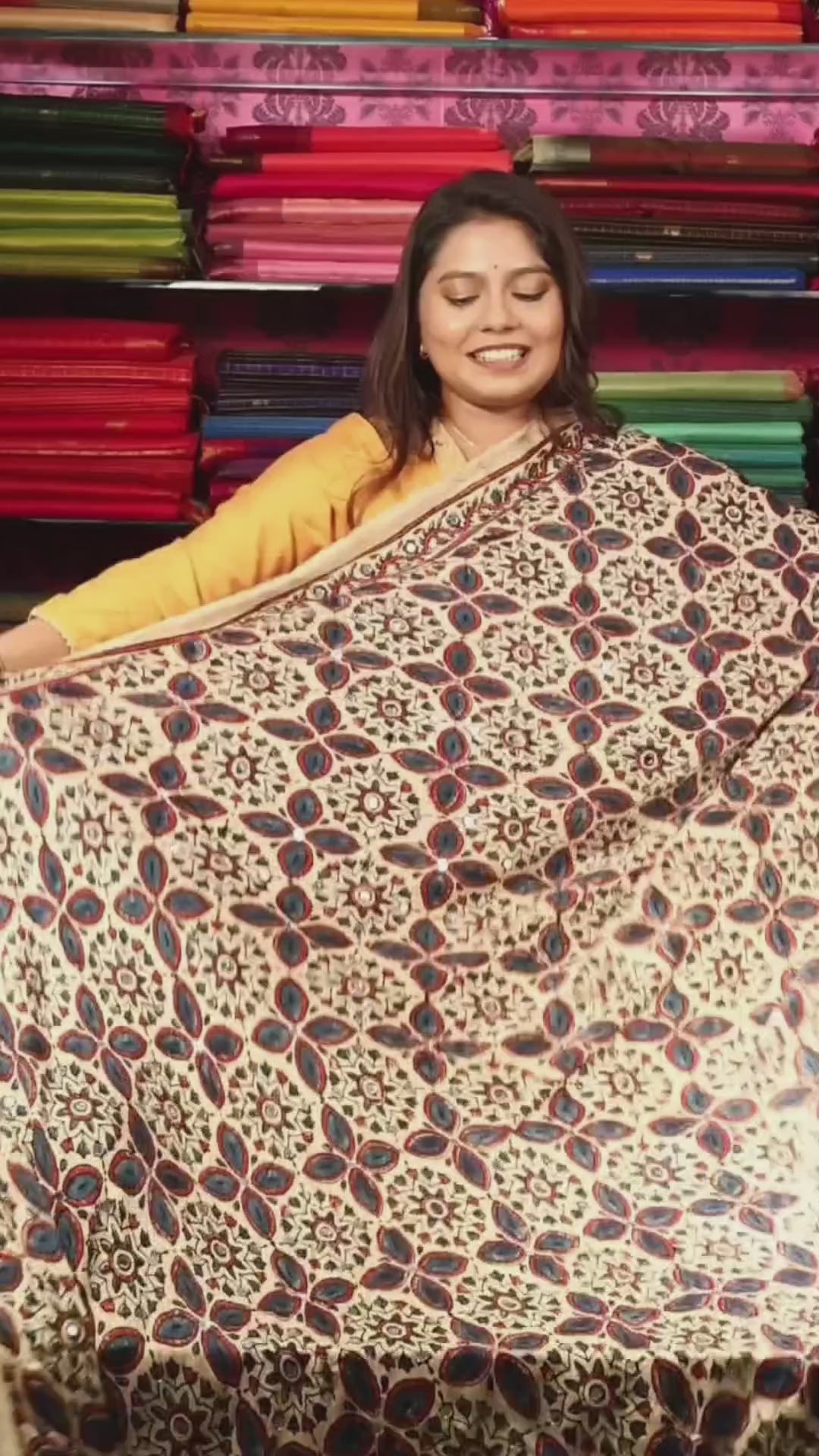 Off White With Brown Mirror Work Ajrakh Modal Silk Saree
