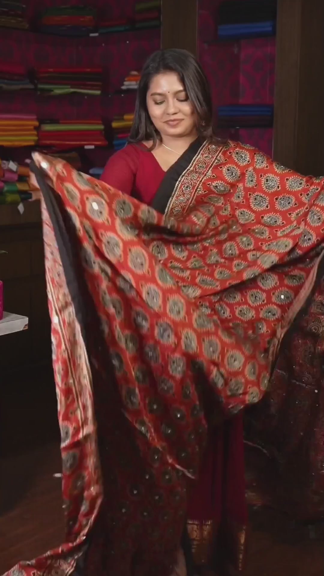 Red Brown Mirror Work Ajrakh Modal Silk Saree