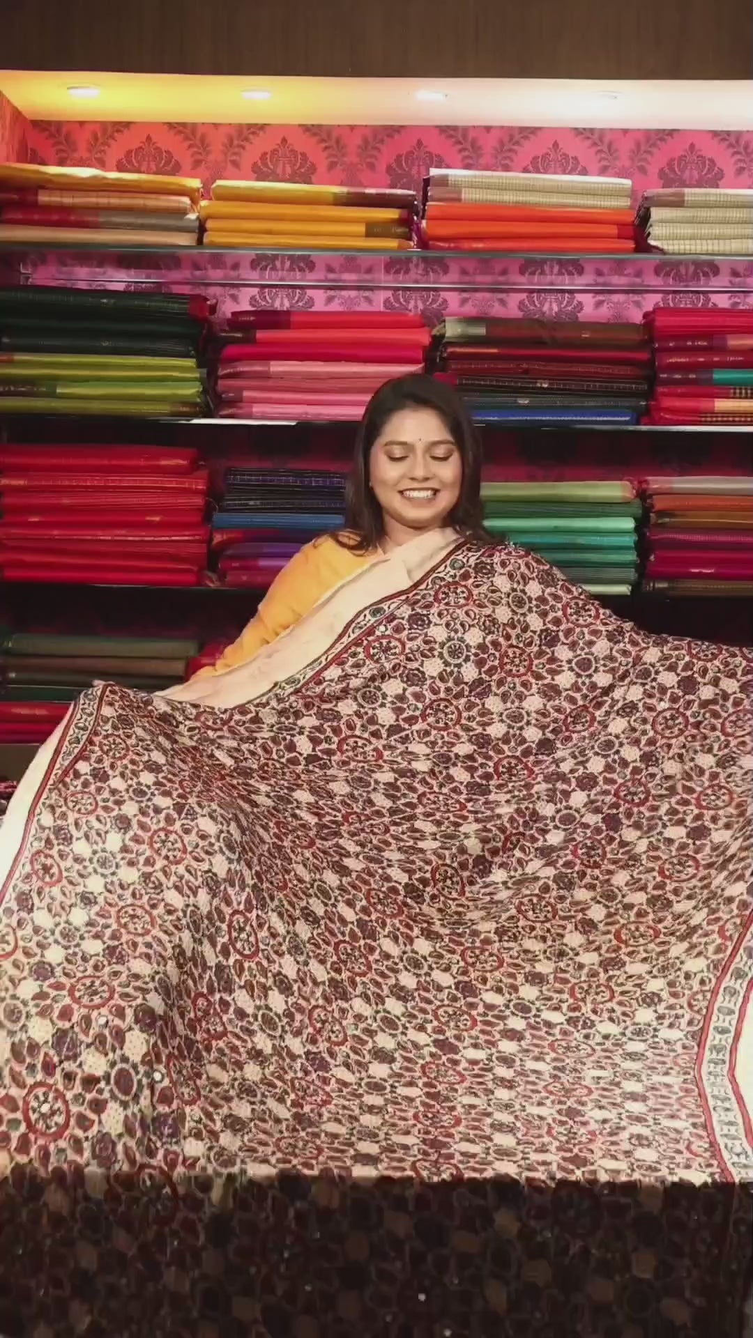 Maroon Mirror Work Ajrakh Modal Silk Saree
