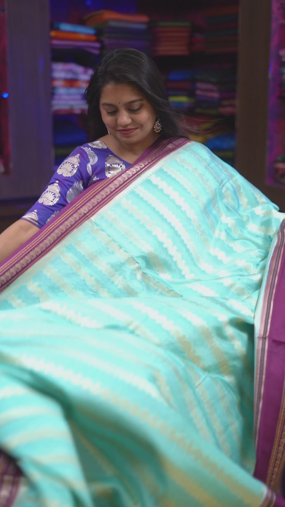 Sky Blue With Purple Border Semi Banarasi Silk Saree