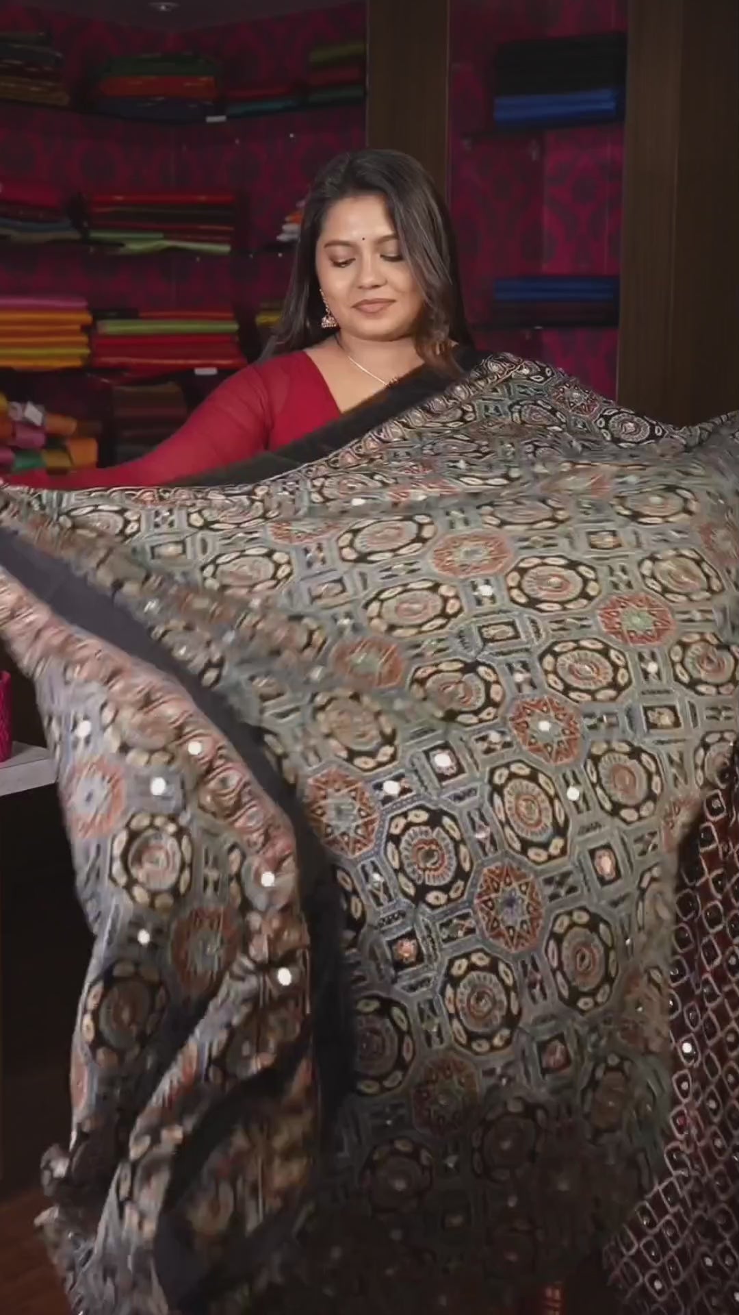 Black Mirror Work Ajrakh Modal Silk Saree