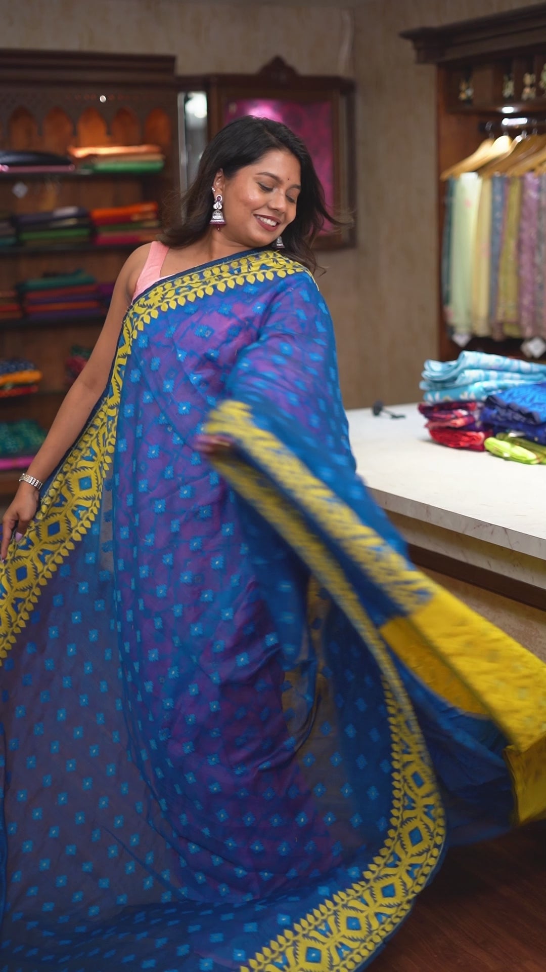 BANANA YELLOW WITH BLUE JAMDANI COTTON SAREE