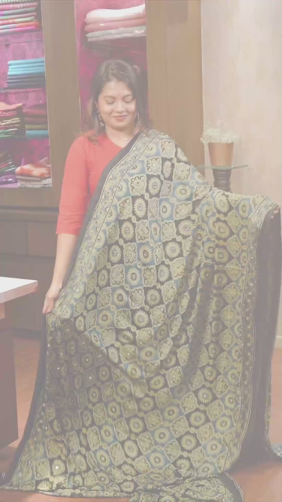 Ash Mirror Work Ajrakh Modal Silk Saree