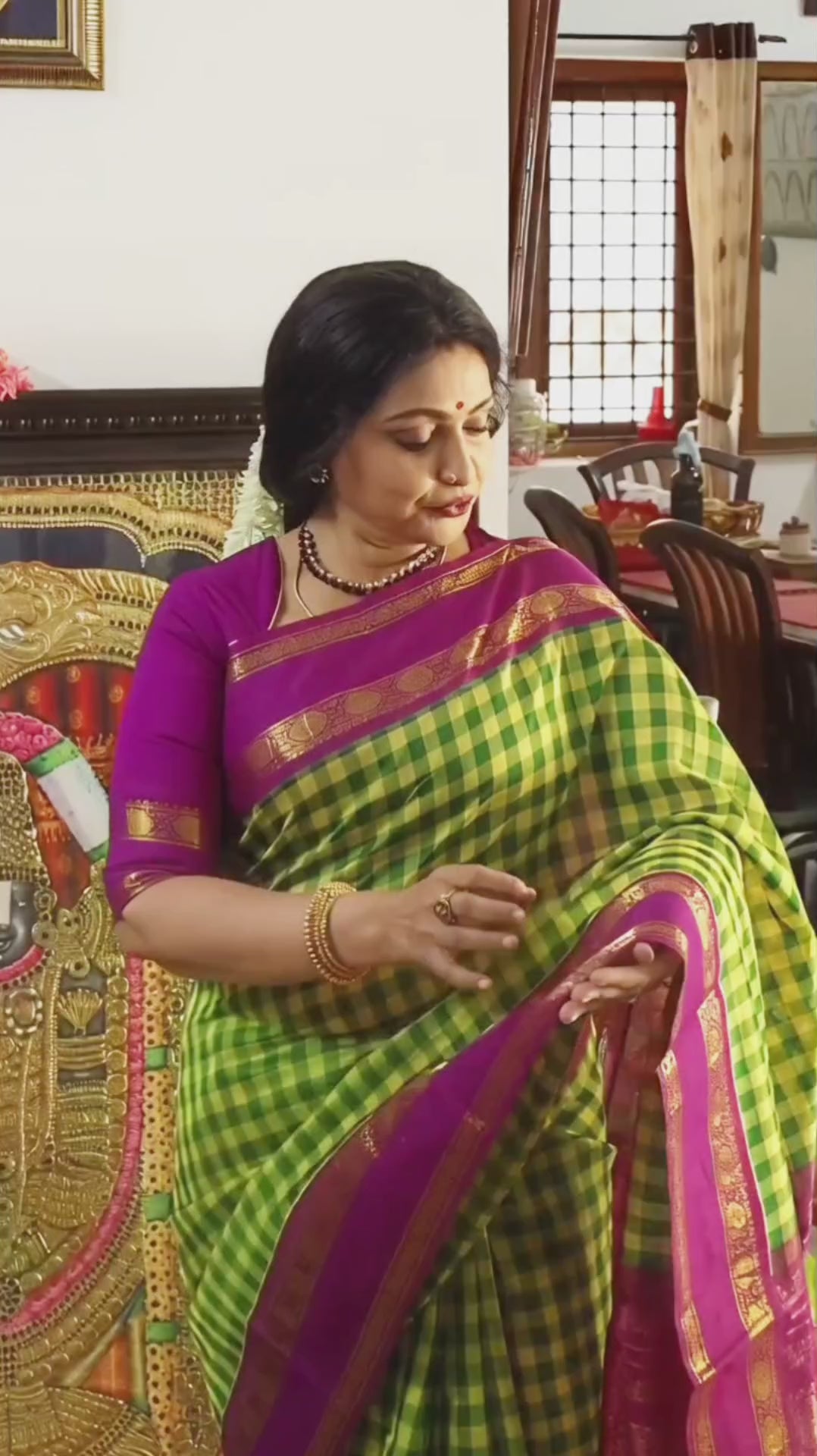Green Checked With Purple Pure Silk Cotton Saree