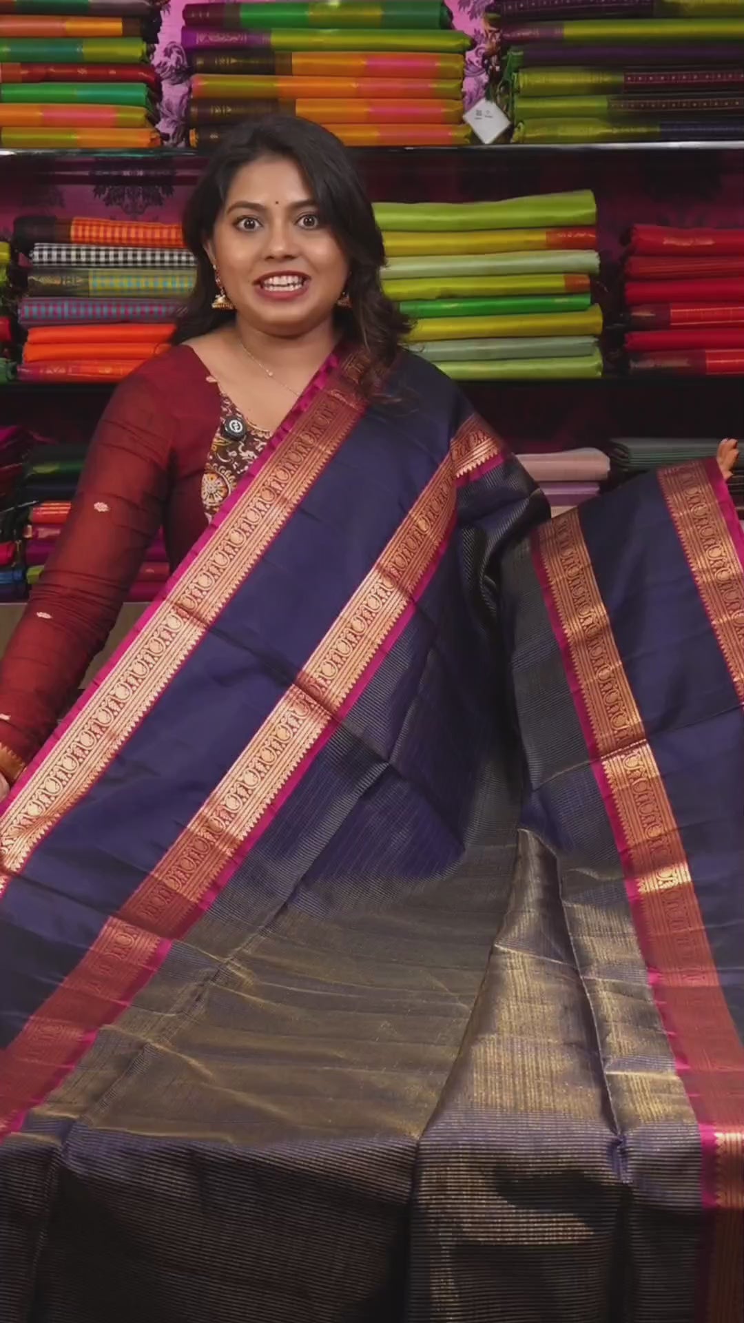 Navy Blue With Magenta Pink Payadi Pure Soft Silk Saree