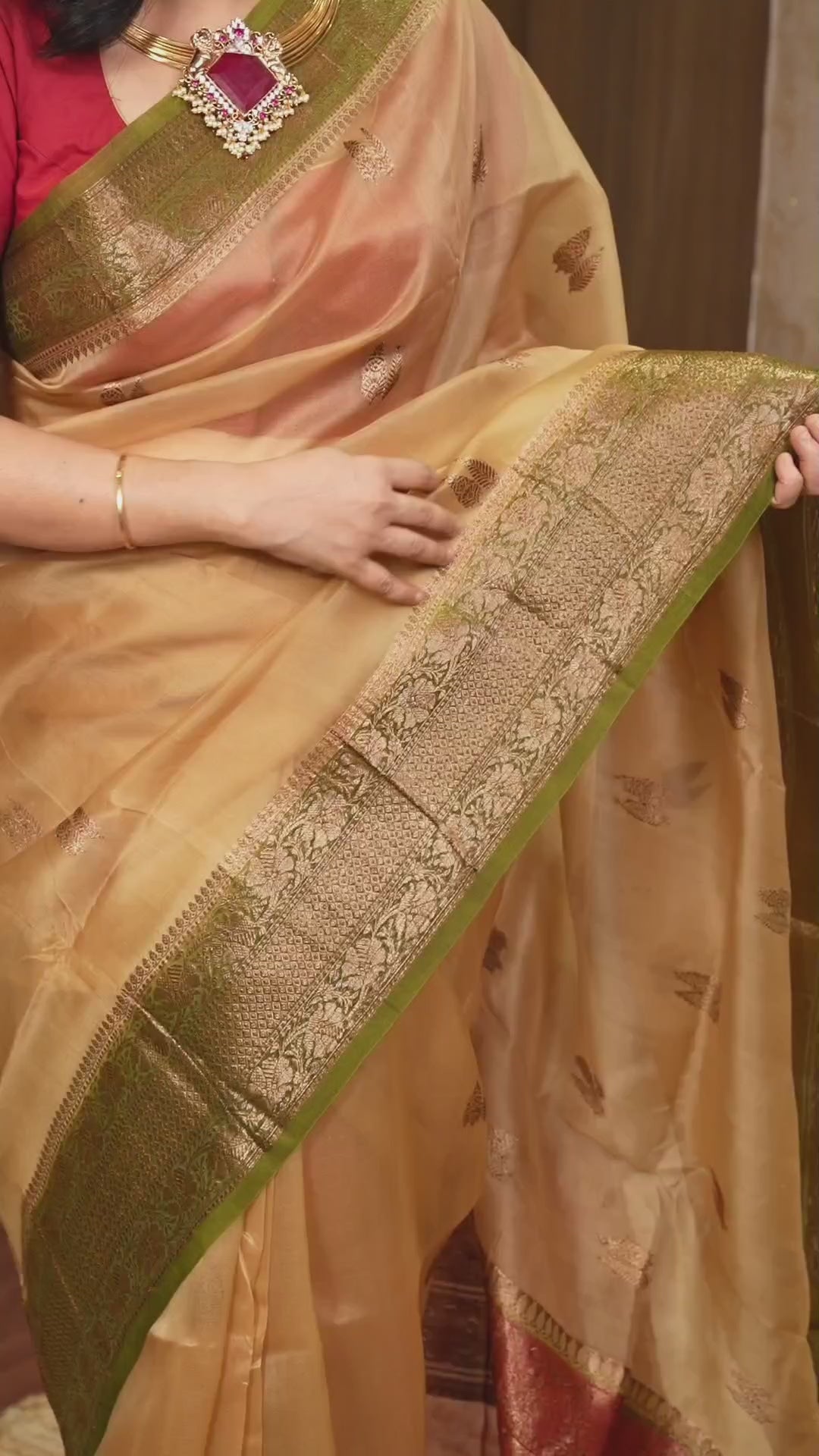 Sandal With Green Banarasi Silk Organza saree