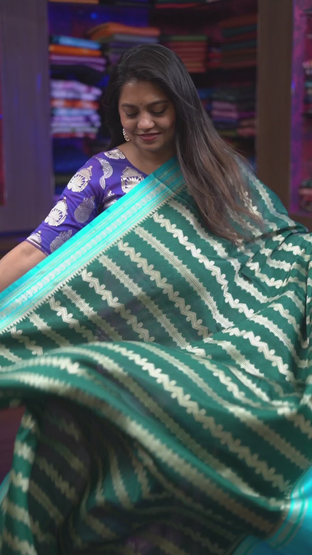 Green With Sky Blue Semi Banarasi Silk Saree