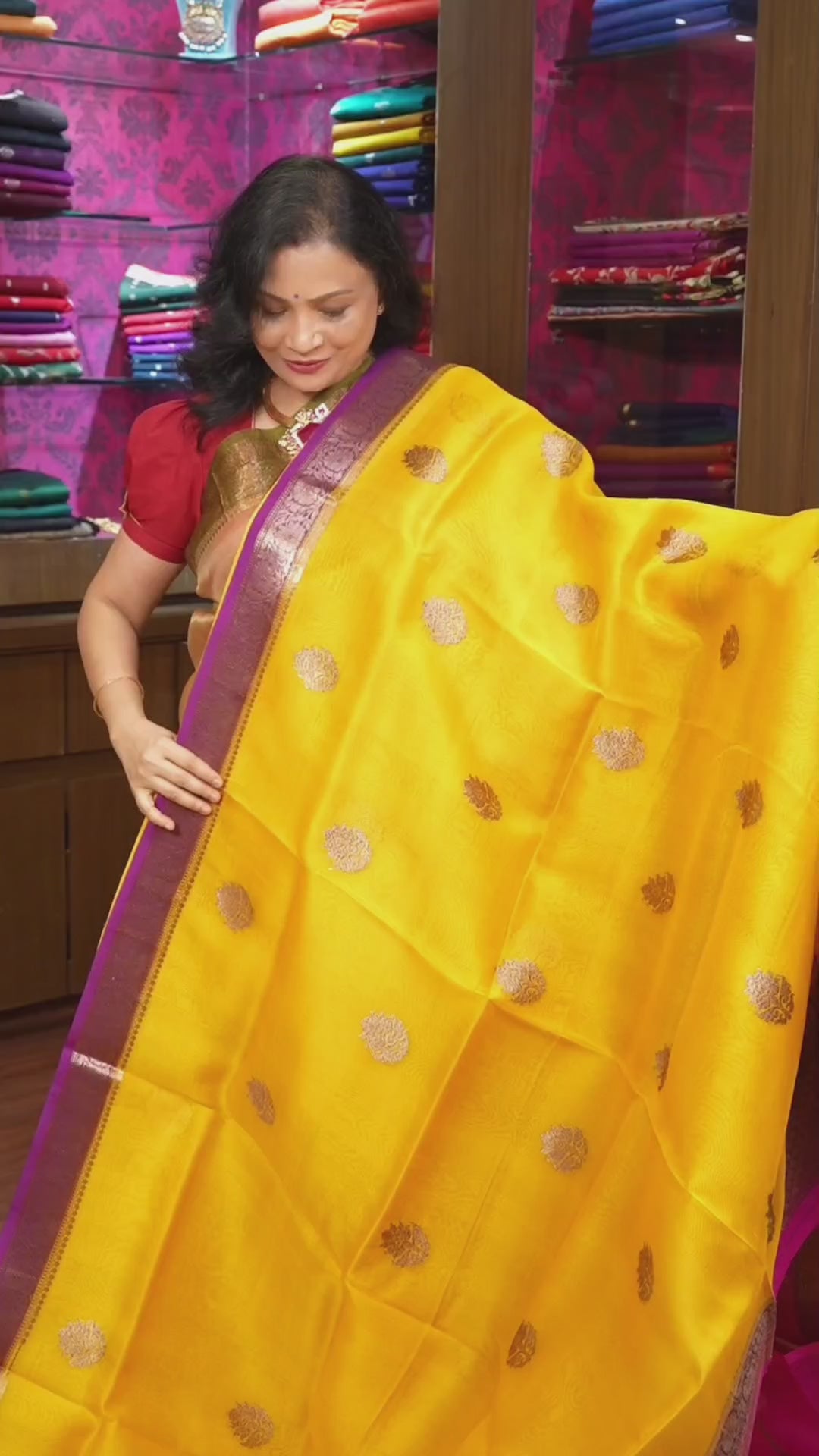 Mango Yellow With Purple And Magenta Pink Banarasi Silk Organza Saree