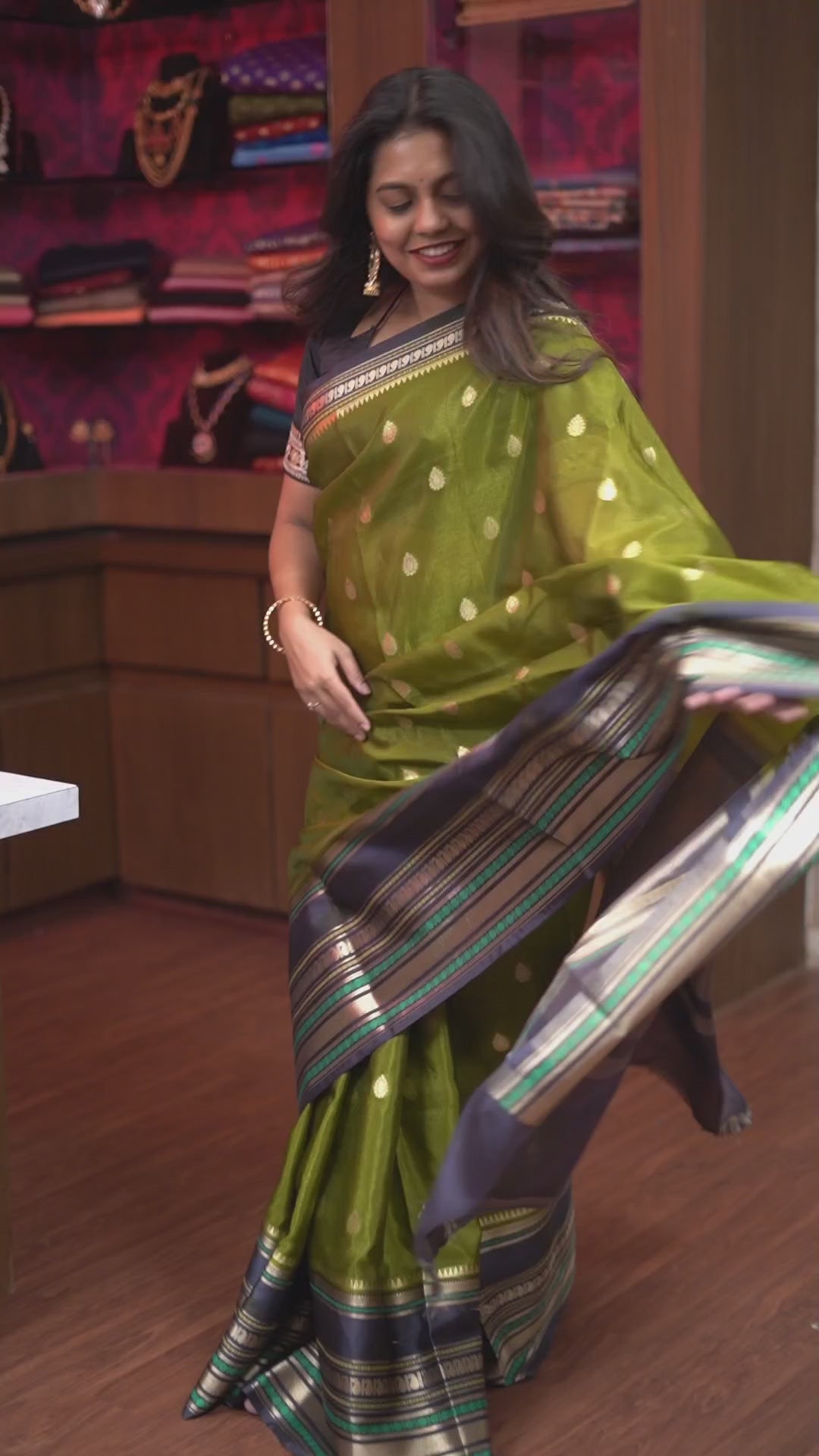 Olive Green With Black Semi Banarasi Silk Saree