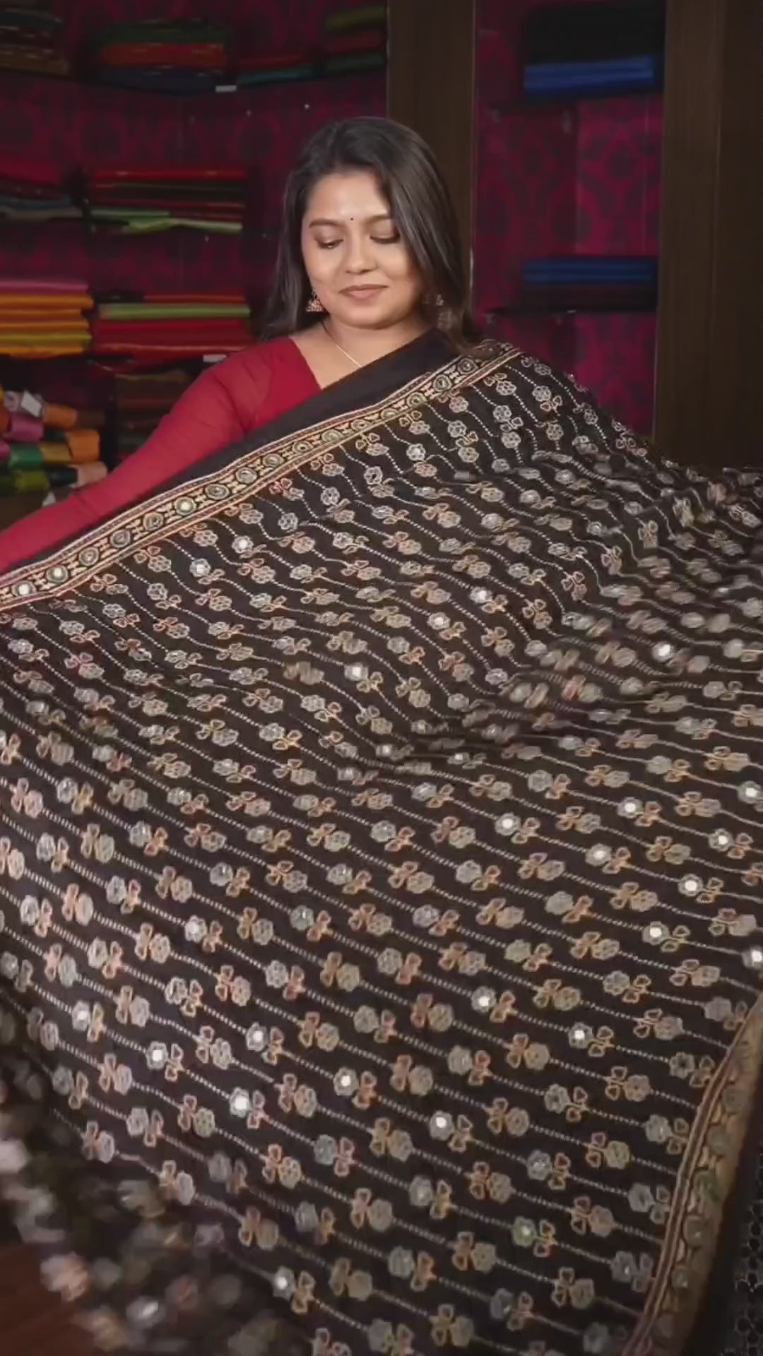 Black Mirror Work Ajrakh Modal Silk Saree