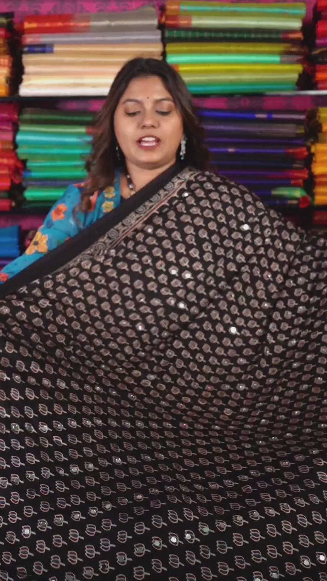 Black Lotus Motif Mirror Work Ajrakh Modal Silk Saree