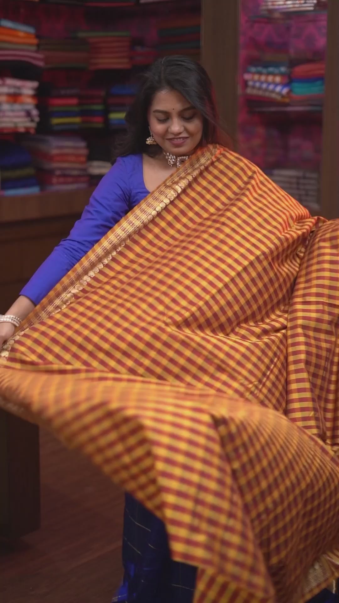 Yellow With Maroon Checks Semi Silk Cotton Saree